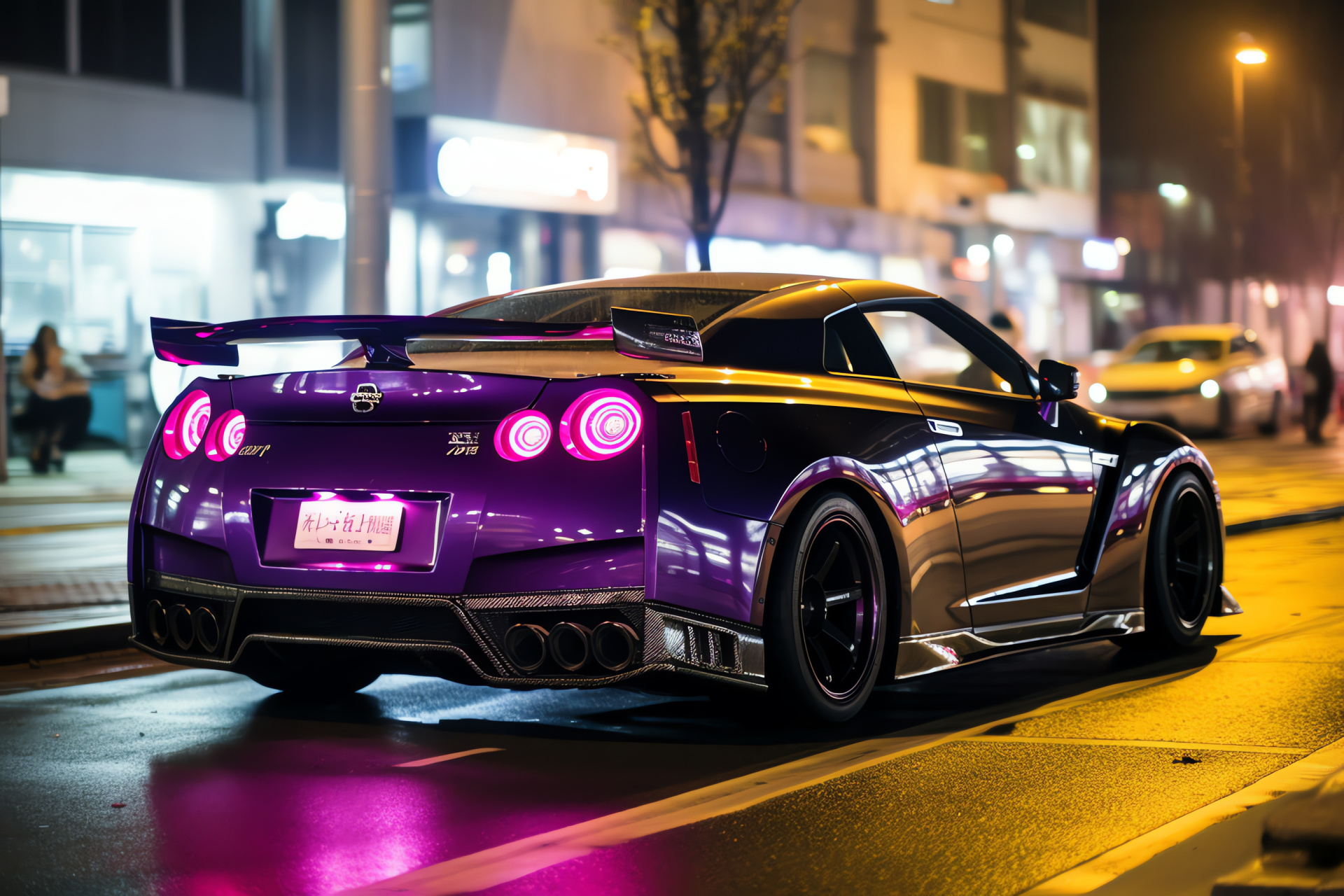 Nissan GTR Midnight Purple, Tokyo streets, Luxe paint finish, High-powered exhaust, Night cruiser, HD Desktop Wallpaper