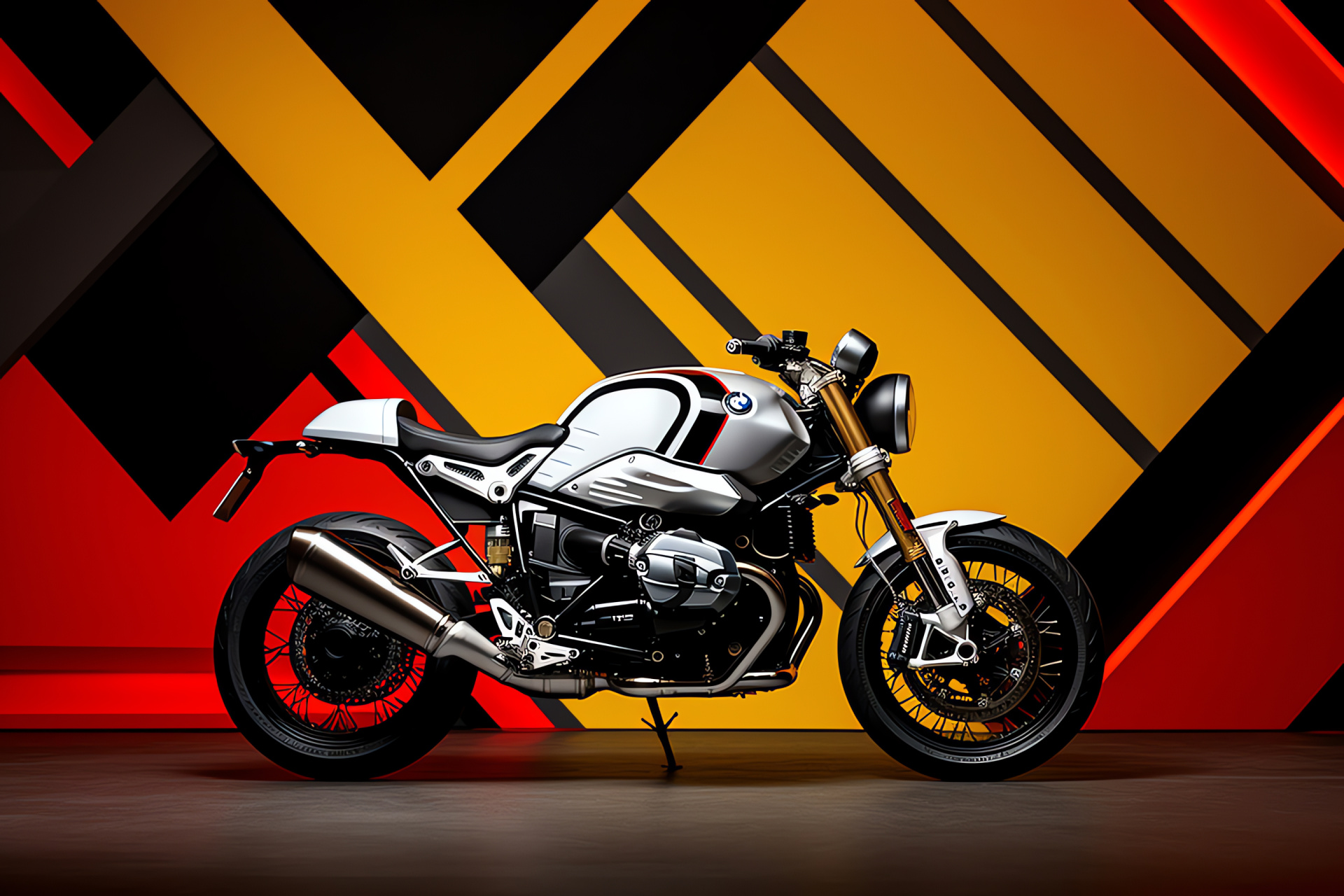 Street Bike, BMW R nineT, Lateral posture, Dual-shade effect, Geometric patterns, HD Desktop Image