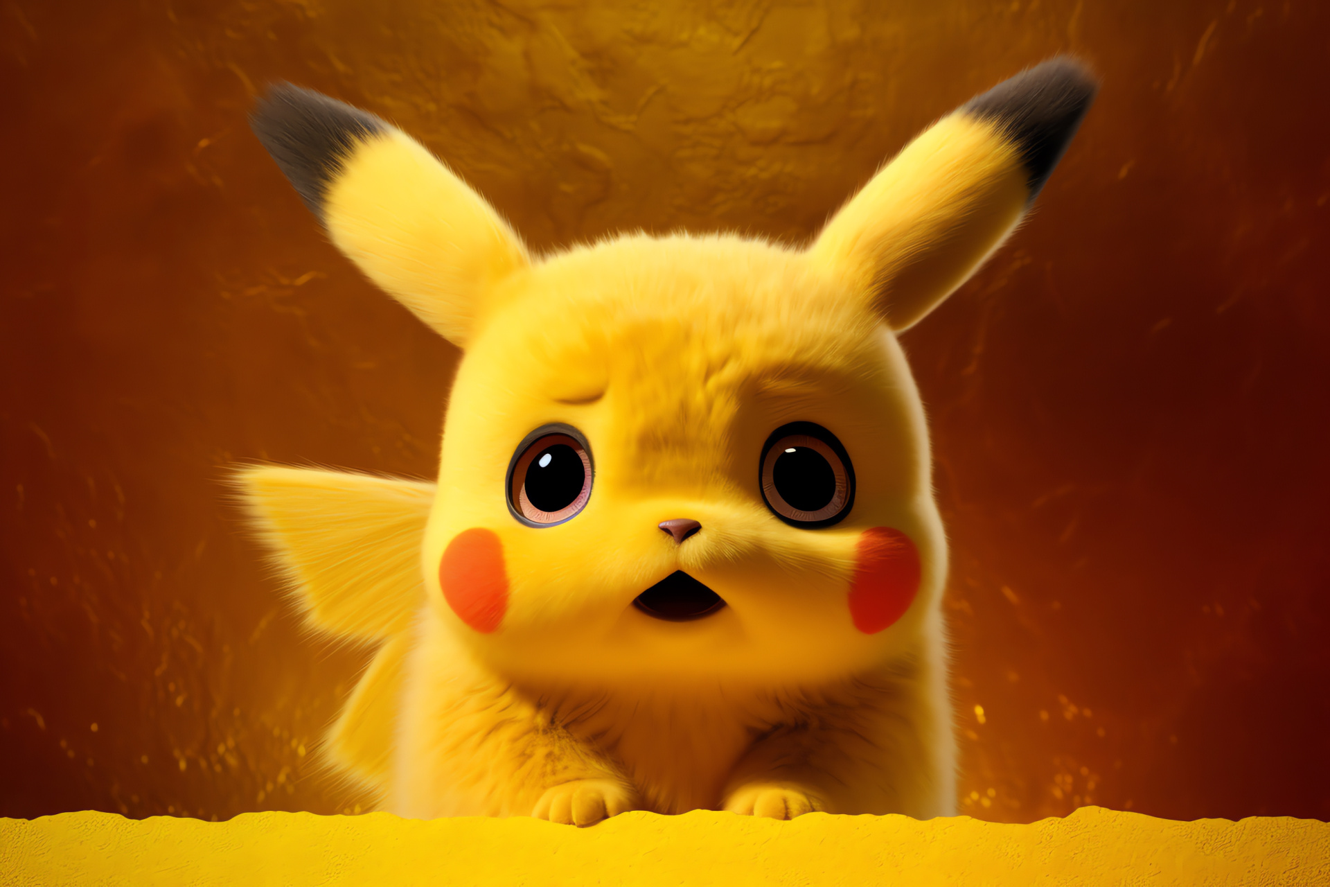 Pokemon game character, Pikachu in animated form, Electric type creature, Bright fur tone detail, Cheeky expression capture, HD Desktop Image