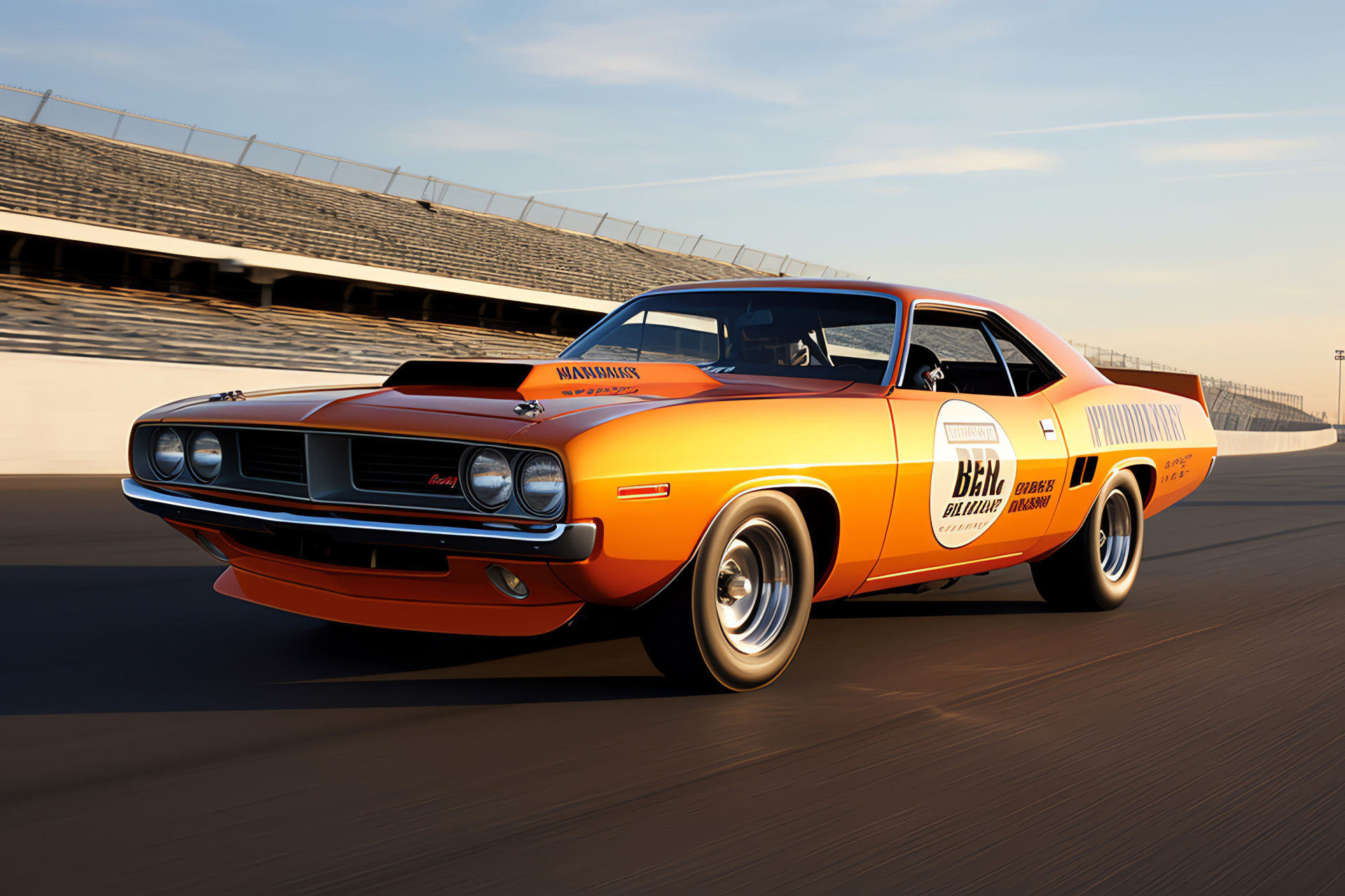 Classic Plymouth Barracuda Hemi, Indianapolis Speedway classic, Muscle car silhouette, Racing car scoop, Vintage vehicle graphics, HD Desktop Wallpaper
