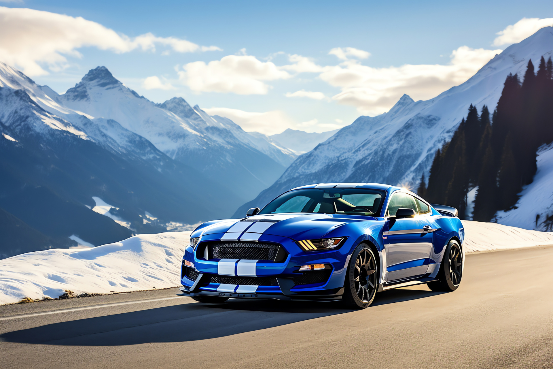 Shelby Mustang GT350R, Swiss Alps vista, Performance driving, Mountainous terrain, Aerodynamic sports car, HD Desktop Wallpaper