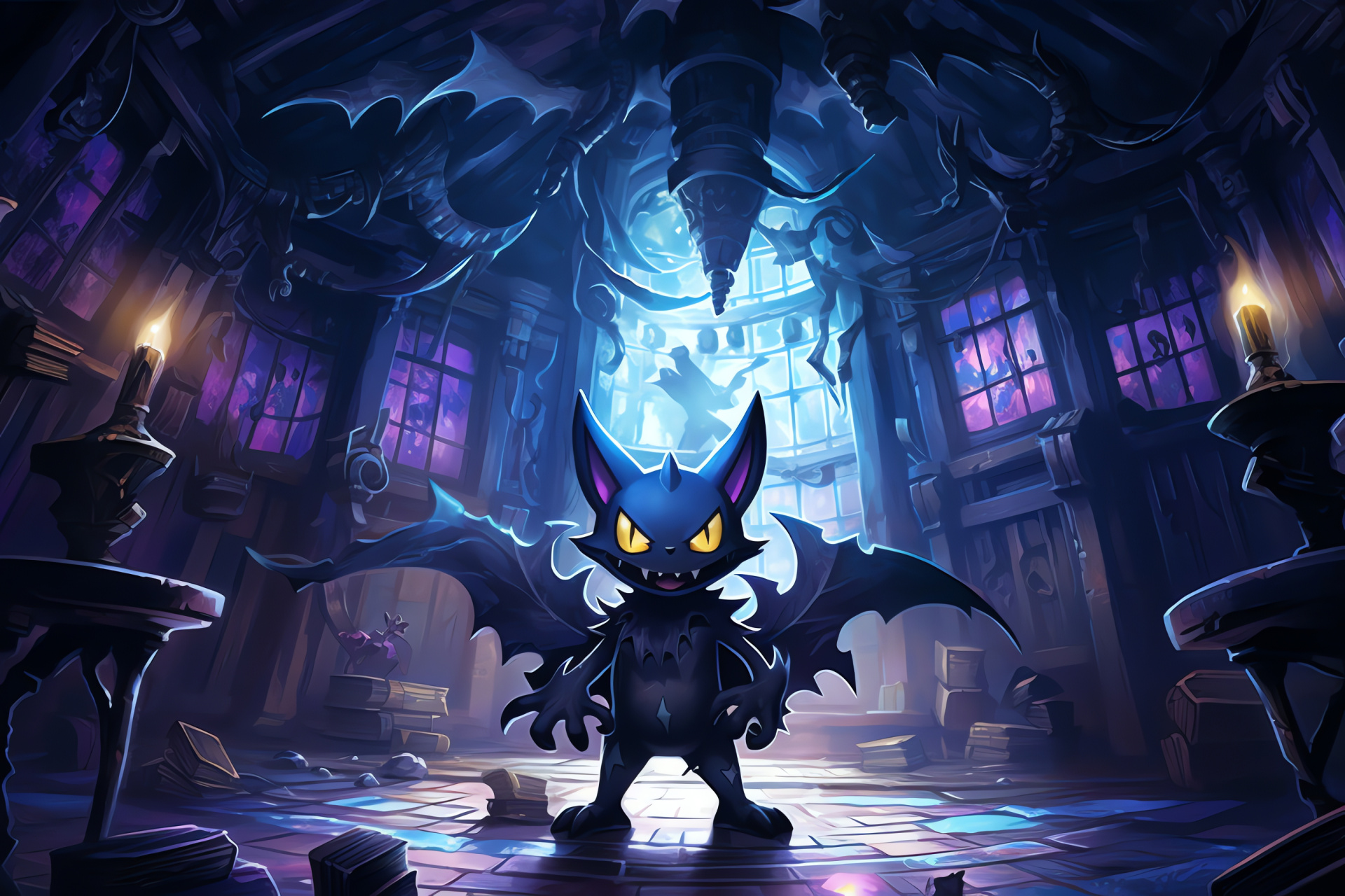 Pokemon Mega evolution, Banette transformation, Spooky domicile, Faintly illuminated corridor, Ragged figure, HD Desktop Wallpaper