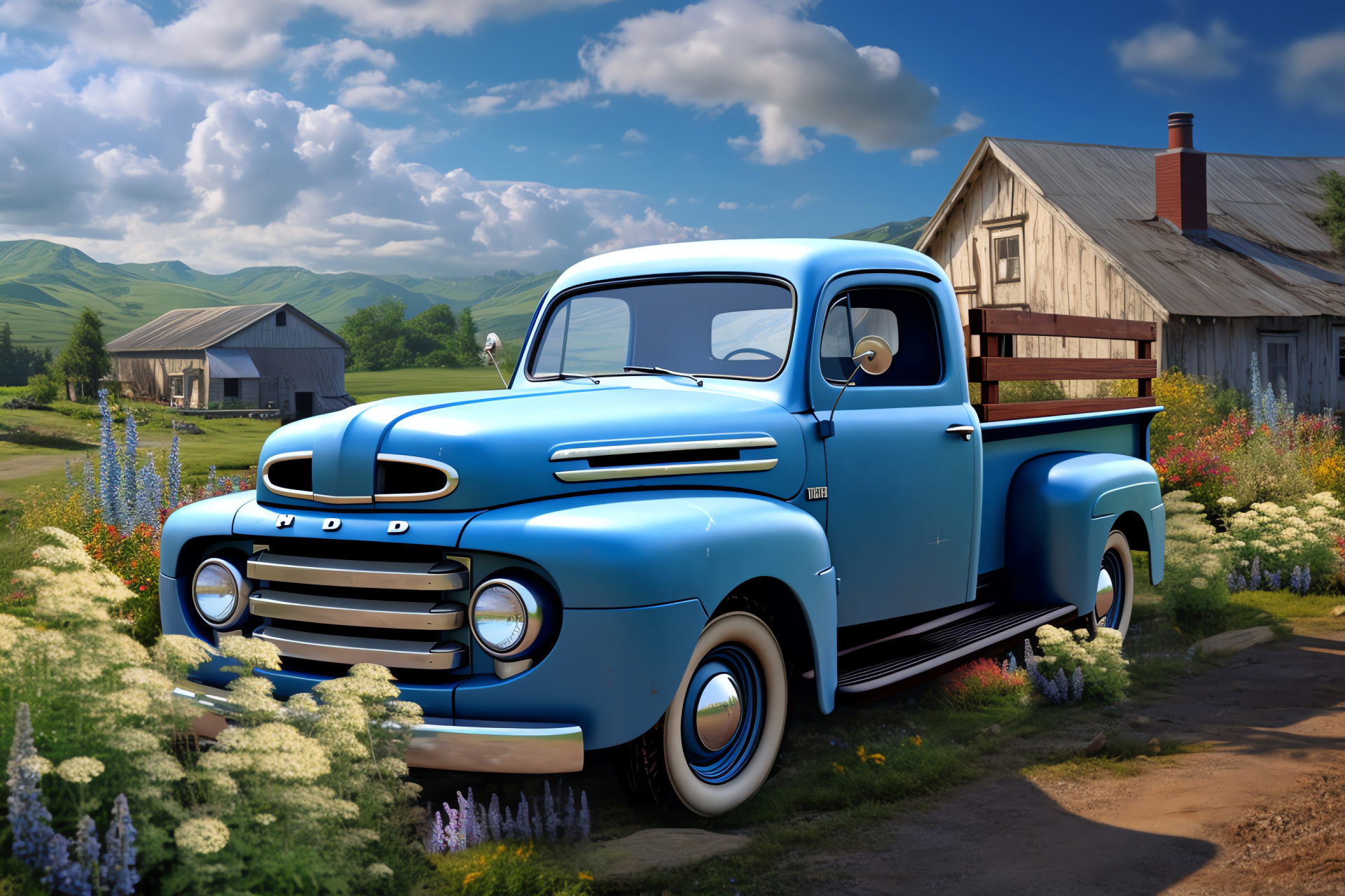 Restored Ford truck, Americana, Rural landscape, Vintage vehicle, Historical transport, HD Desktop Image