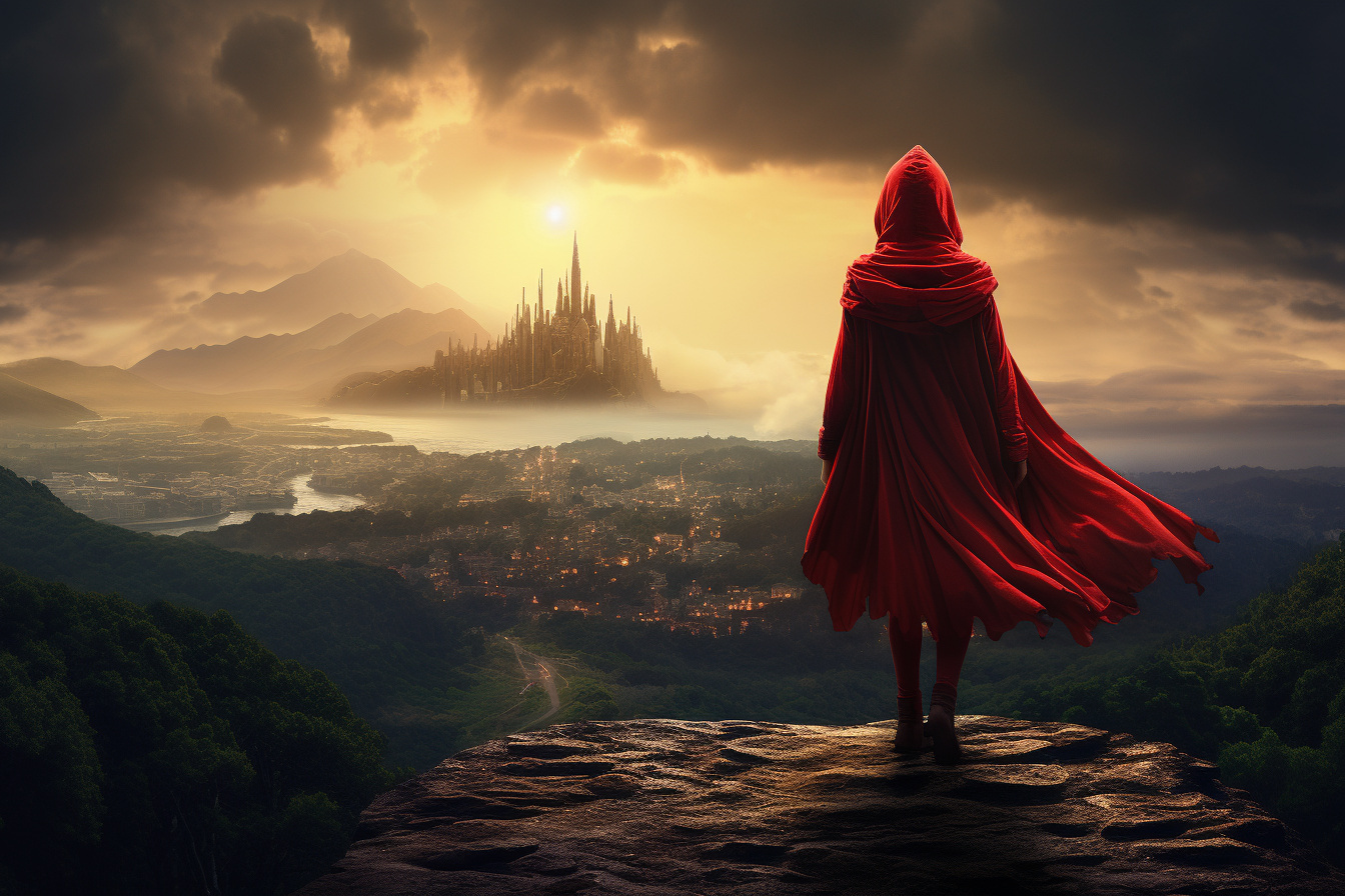 Red Riding Hood character, enchanting Fairytale Land, serene hill, majestic kingdom, expansive sky, HD Desktop Image