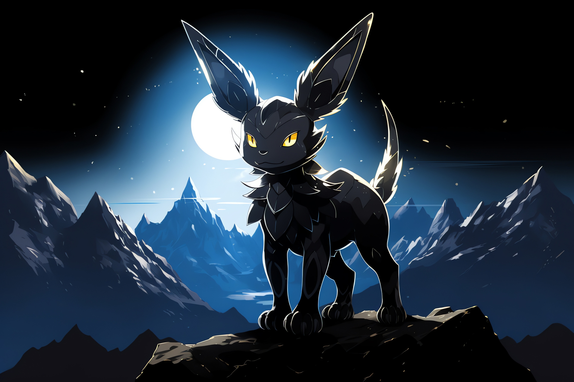 Umbreon creature, Alpine landscape, Snow blanket, Gleaming fur texture, Sapphire gaze, HD Desktop Wallpaper