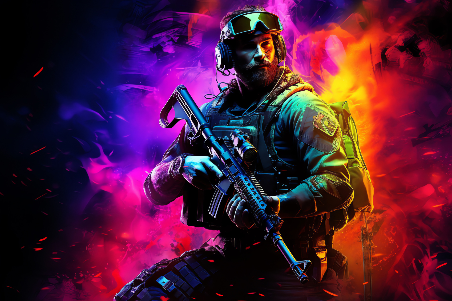 Captain John Price, leadership qualities, specialist soldier, neon vibrance, tactical assault stance, HD Desktop Wallpaper