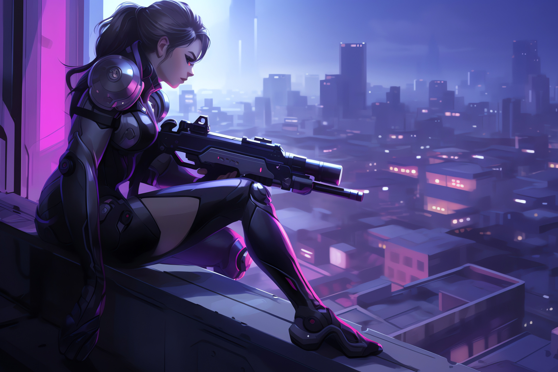 Video game sniper, Overwatch map, urban combat zone, high-tech metropolis, rooftop rendezvous, HD Desktop Image