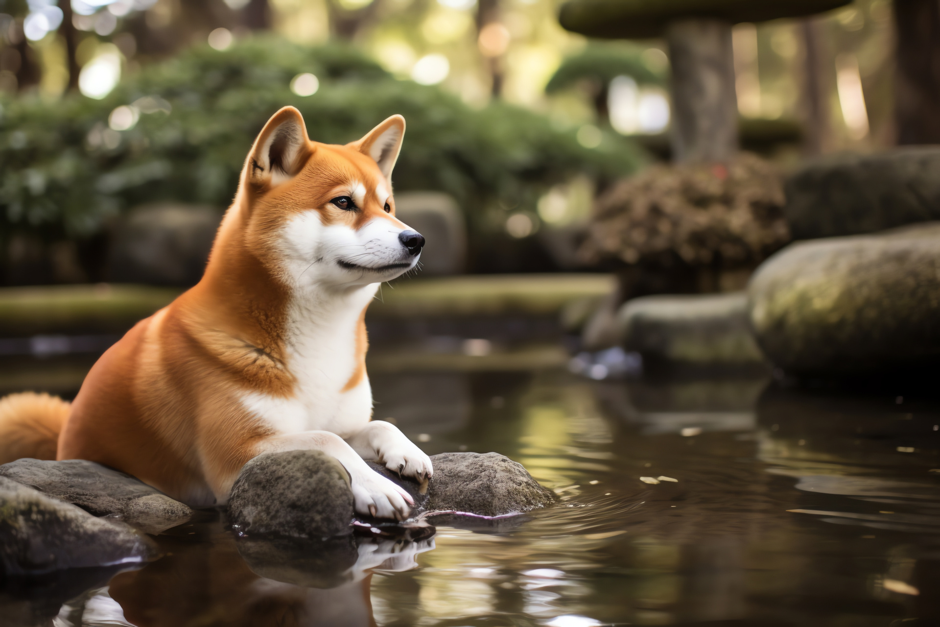 Regal Shiba Inu, noble posture, traditional patterning, oriental garden, tranquil aura, HD Desktop Wallpaper