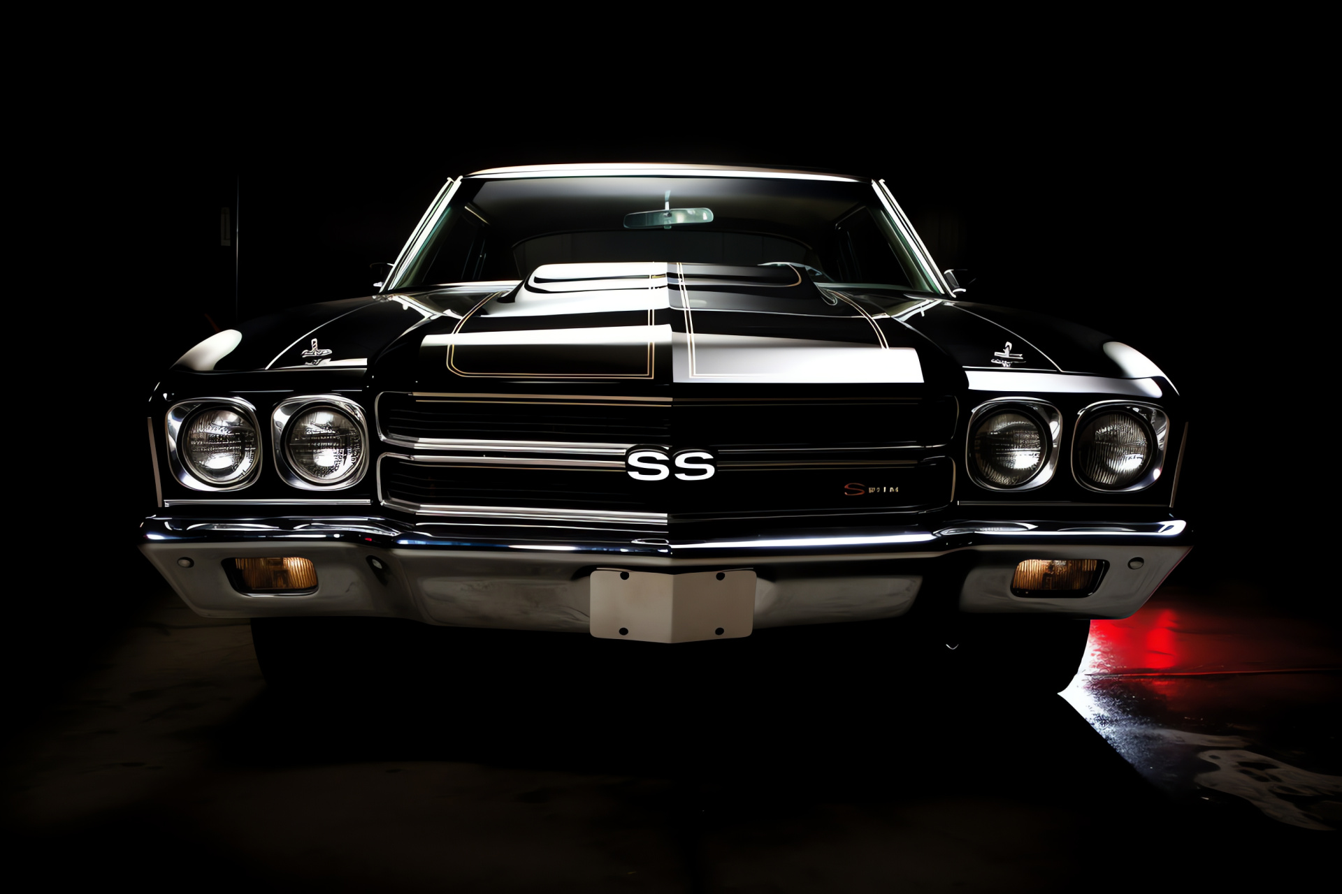 Chevrolet Chevelle SS garage scene, Polished muscle vehicle, Murky shelter lighting, Traditional vehicle detailing, American auto icon, HD Desktop Wallpaper