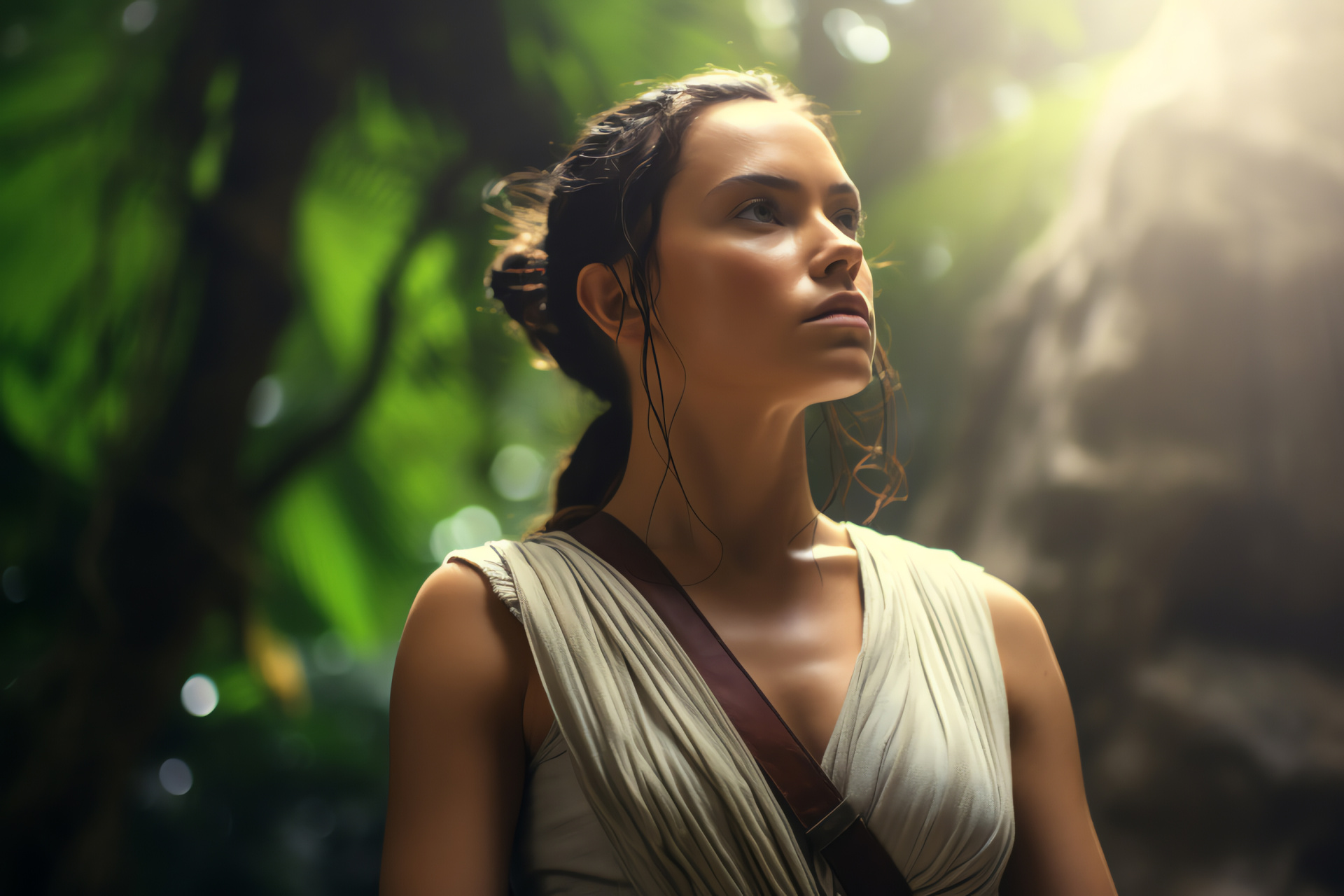 Rey in contemplation, Serene woodland, Ahch-To locale, Jedi meditation, Weapon of the Force, HD Desktop Wallpaper