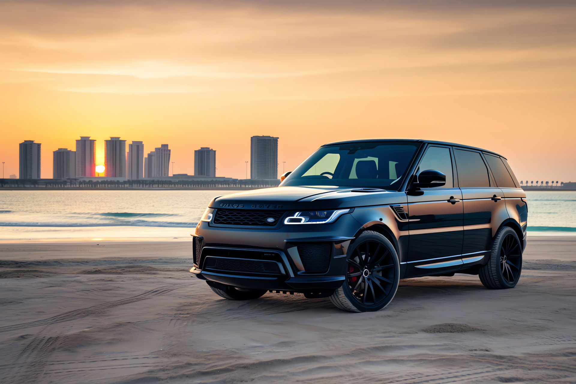 2018 Range Rover Sport SVR, luxury SUV Dubai, high-performance Carbon Edition, Arabian Gulf, iconic skyline, HD Desktop Image