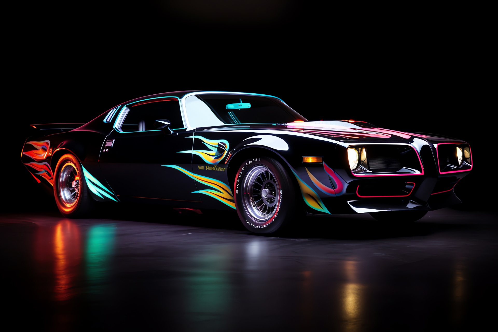 Trans Am Firebird, Black classic car, Side aspect, Auto luminescence, Vibrant light display, HD Desktop Image