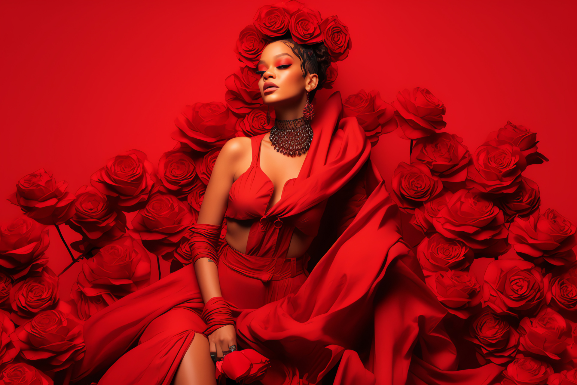 Pop icon Rihanna, red carpet elegance, Barbadian singer, musical hitmaker, floral elegance, HD Desktop Wallpaper