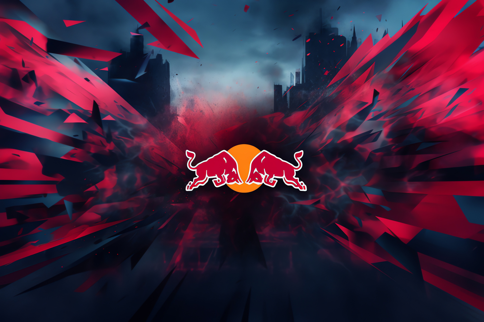 Red Bull logo, Abstract art backdrop, Modernistic branding, Rich red hues, Graphical energy, HD Desktop Image