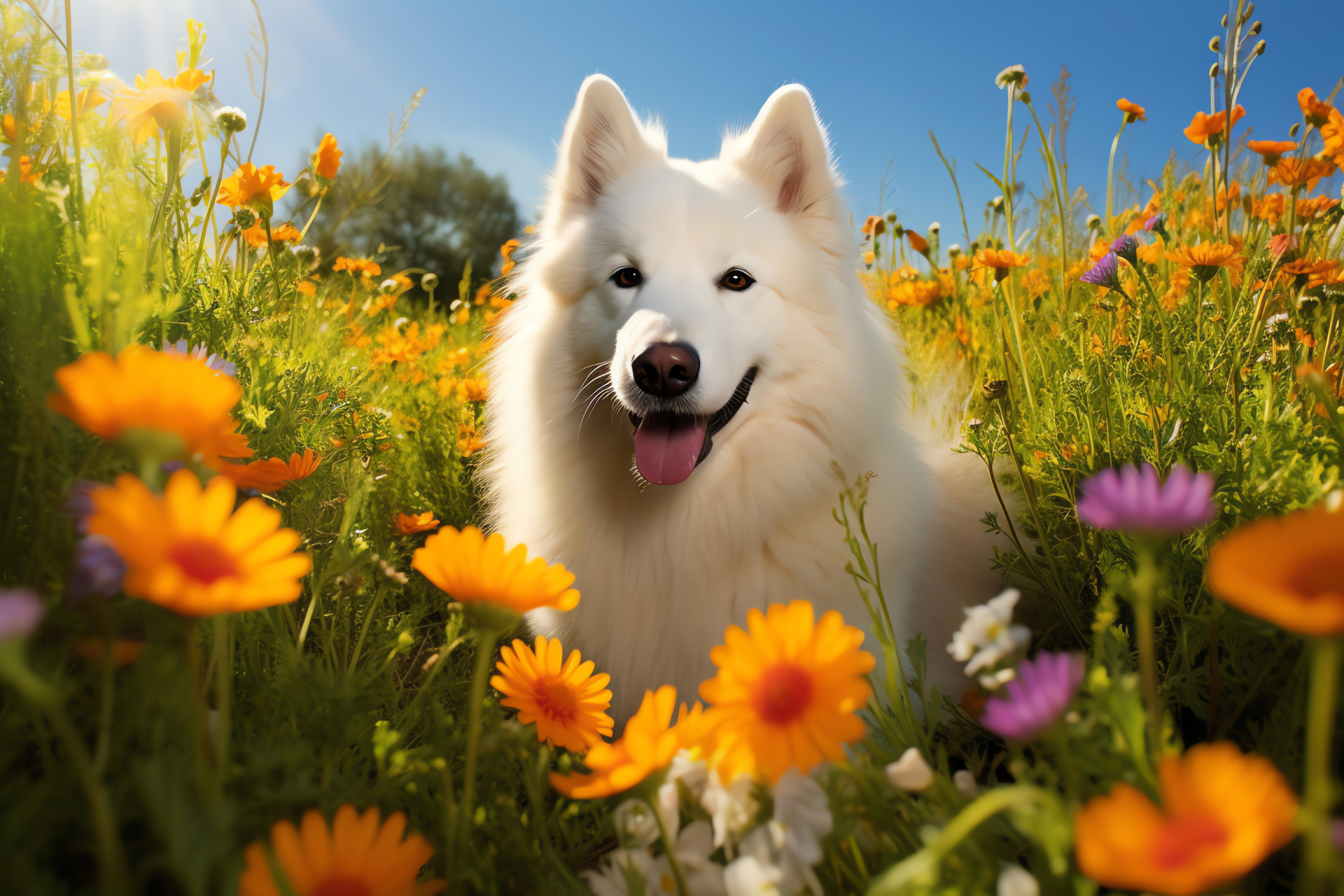 Samoyed companion, tawny gaze, alabaster wool, luxuriant double coat, floral tapestry, HD Desktop Wallpaper