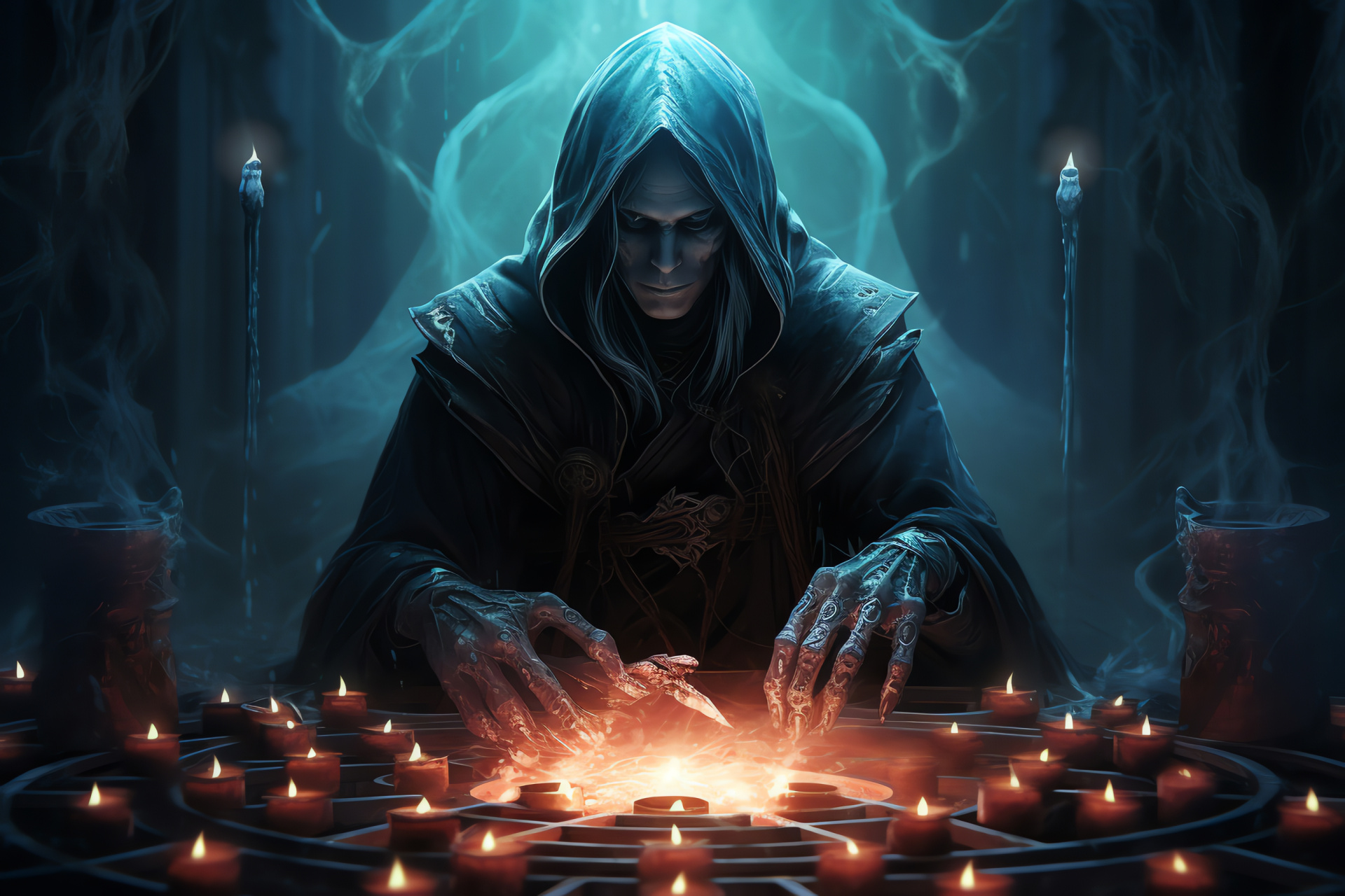 Mystical necromancer, Cryptic dungeon symbols, Occultist ritual site, Enigmatic spellwork, Supernatural luminescence, HD Desktop Wallpaper