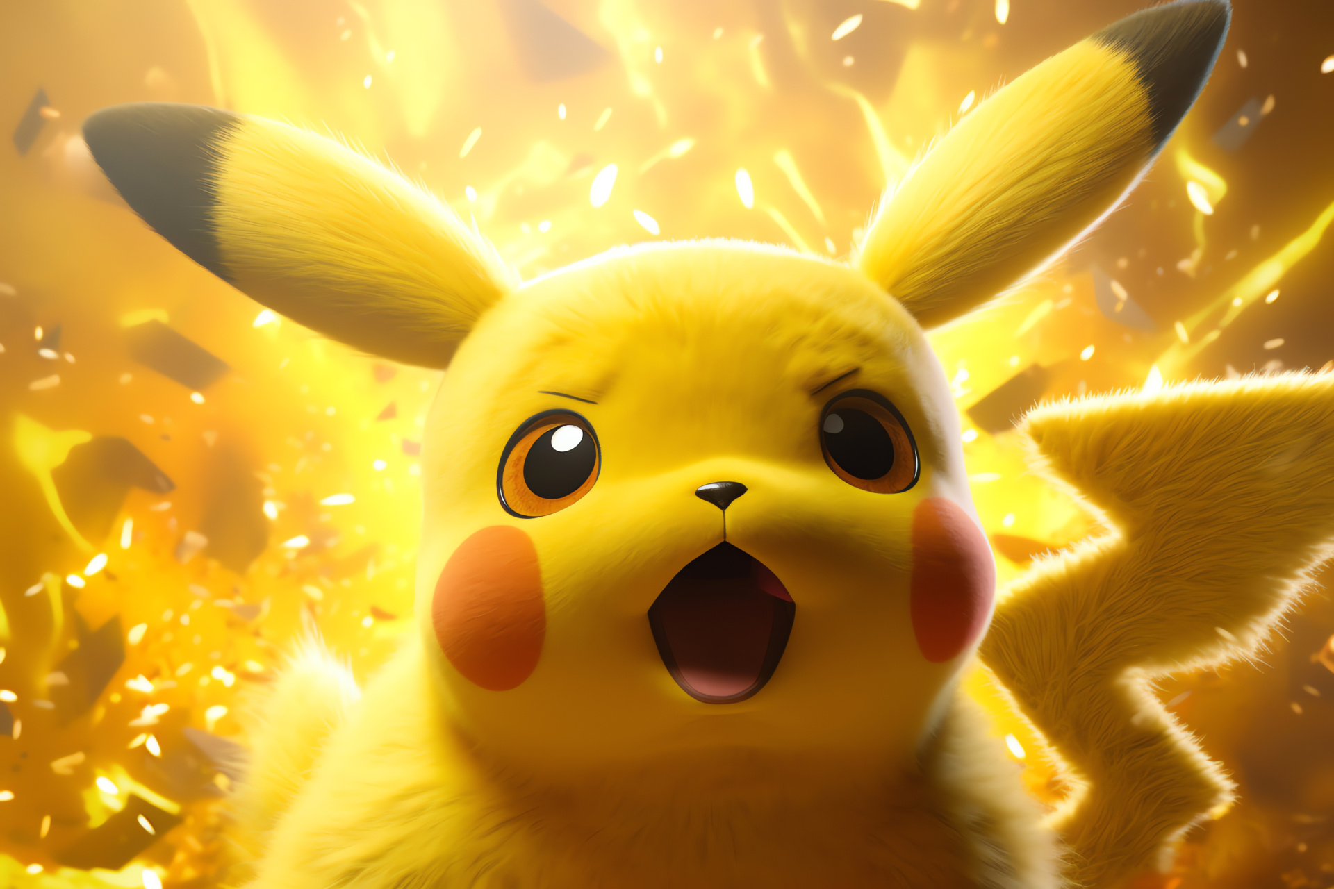 Pikachu character, Electric mouse species, Ash's companion, Lemon pelage, Inquisitive look, HD Desktop Wallpaper