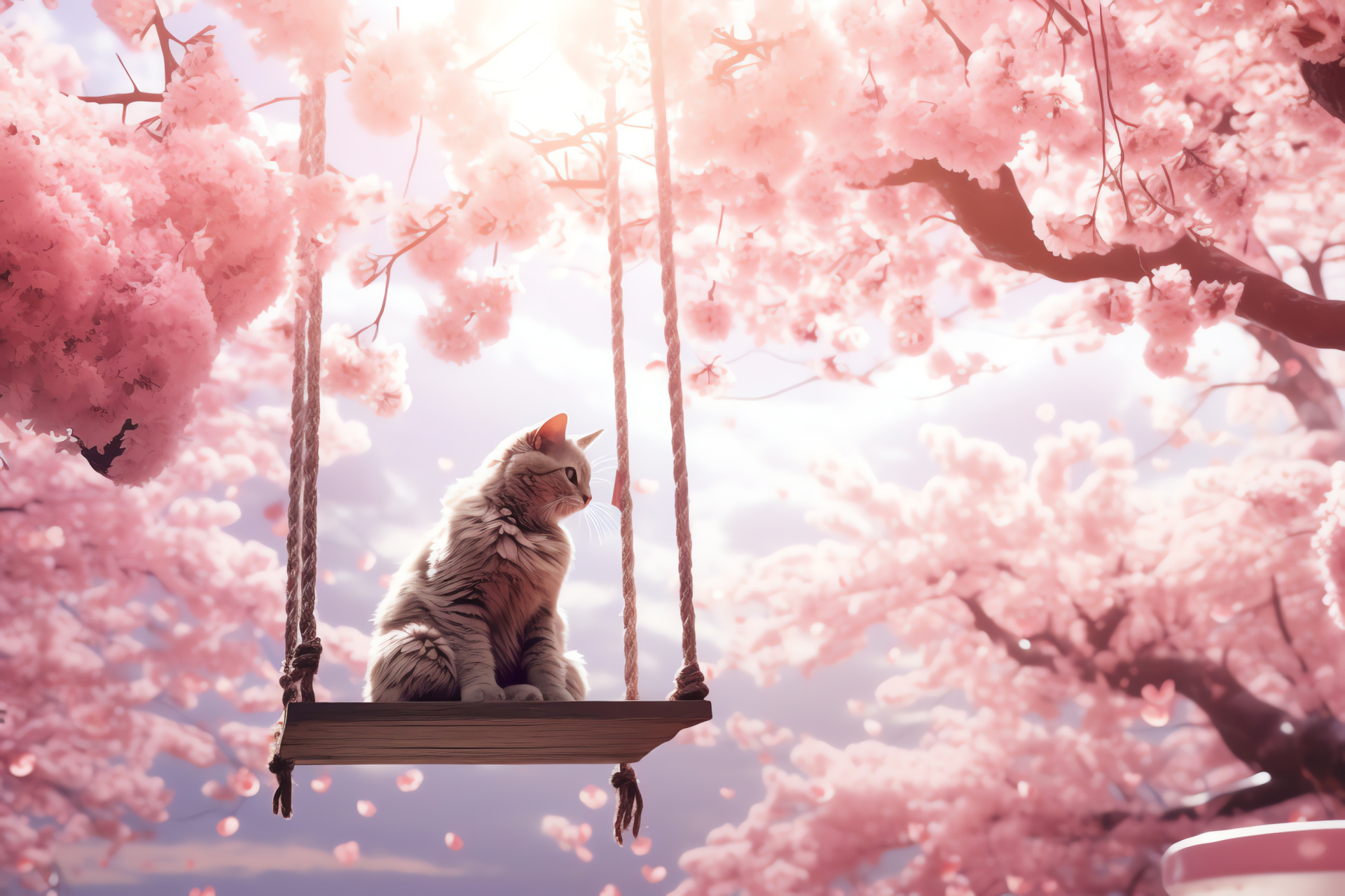 Swinging cat on Valentine's, cherry trees in bloom, pet among spring blossoms, heart decorations, romantic swing bench, HD Desktop Image