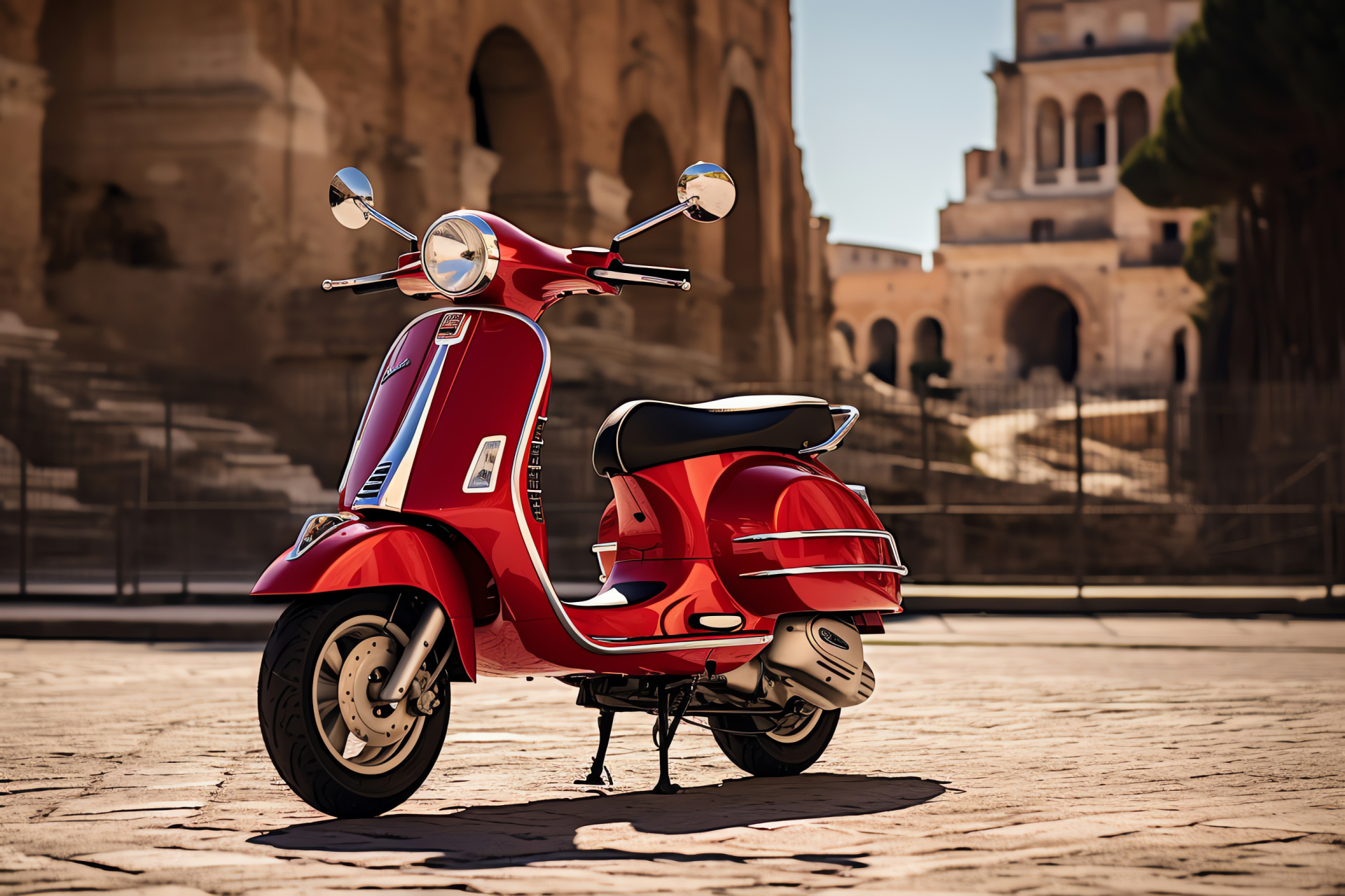 Vespa style on Rome streets, Colosseum vicinity, Italian design, Retro aesthetic, Metallic accents, HD Desktop Wallpaper