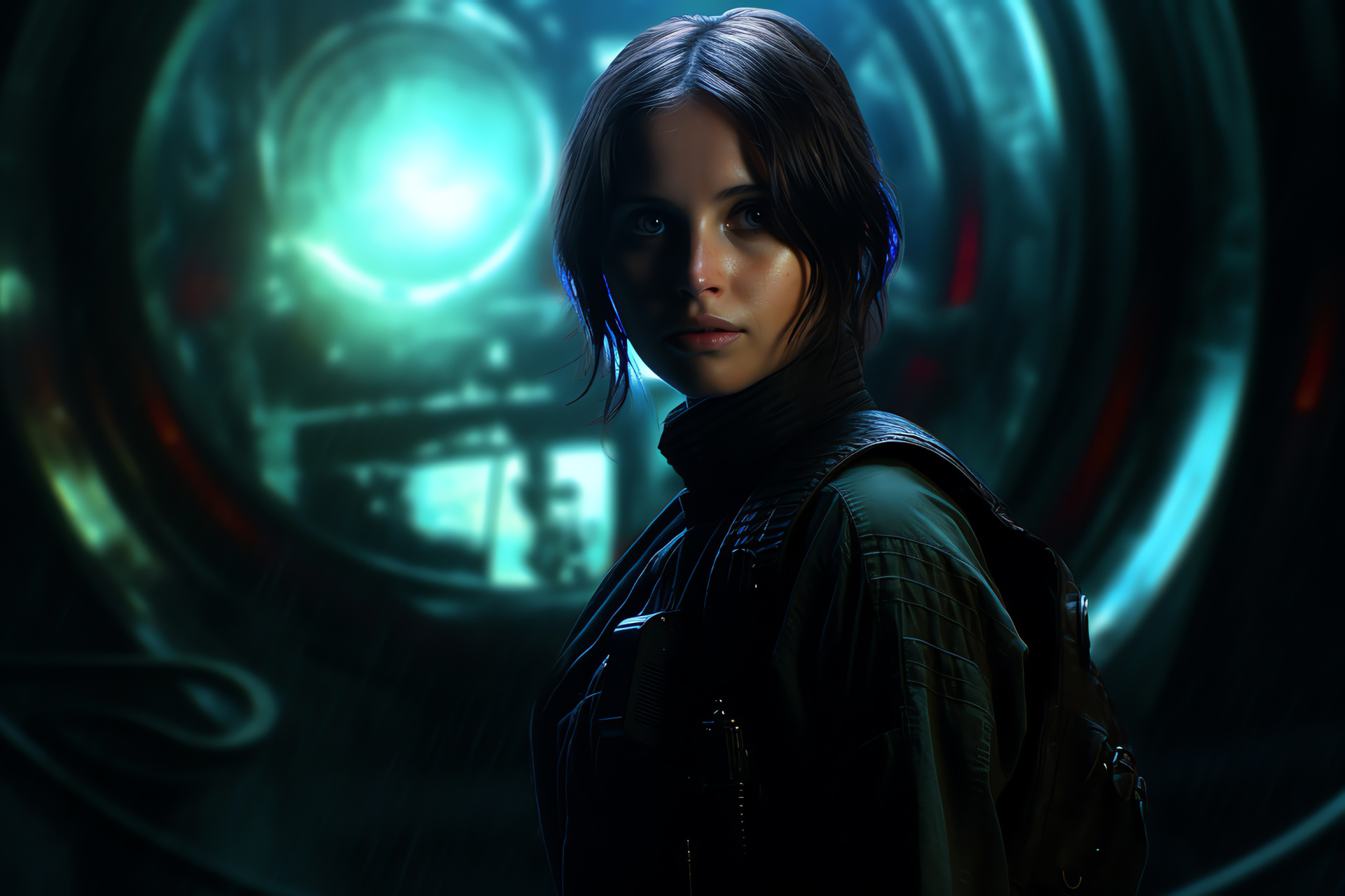 Jyn Erso character, Actress Felicity Jones, Secret mission, Vital intelligence, Space opera background, HD Desktop Wallpaper