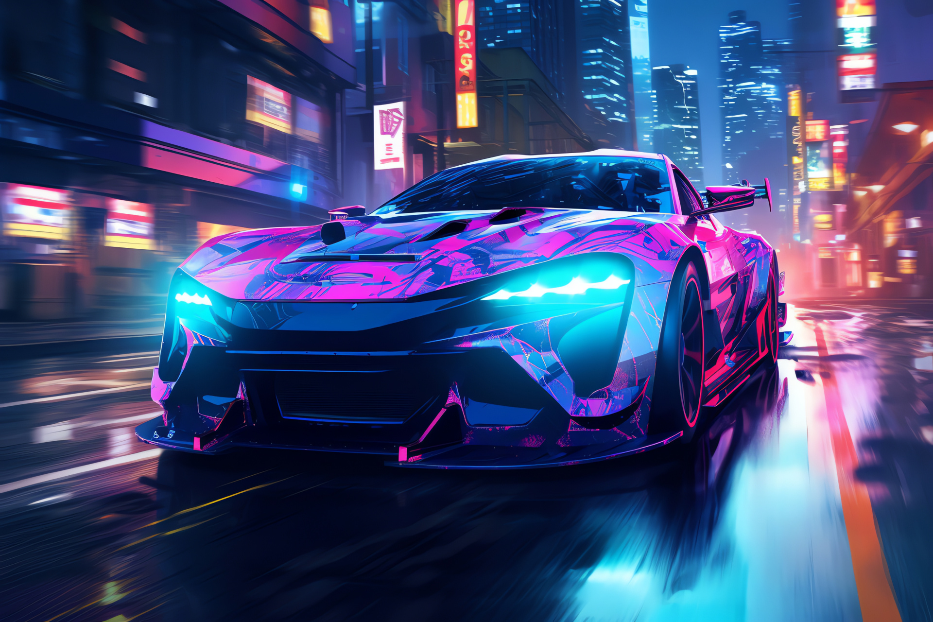 Neon Car, top-down city perspective, rain-drenched urban scene, sci-fi environment, night racing, HD Desktop Wallpaper