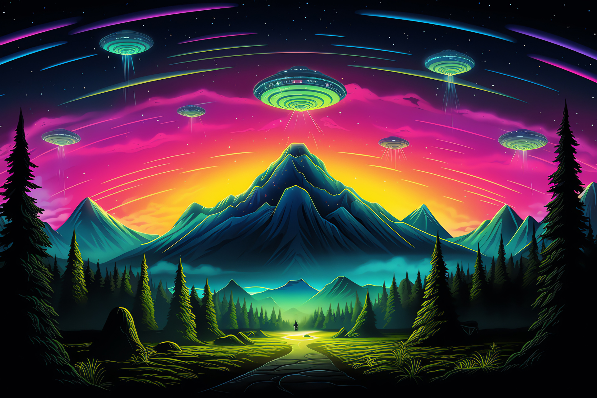 UFO on alien terrain, extraterrestrial landscape, vivid patterns, interplanetary beings, otherworldly geometry, HD Desktop Wallpaper