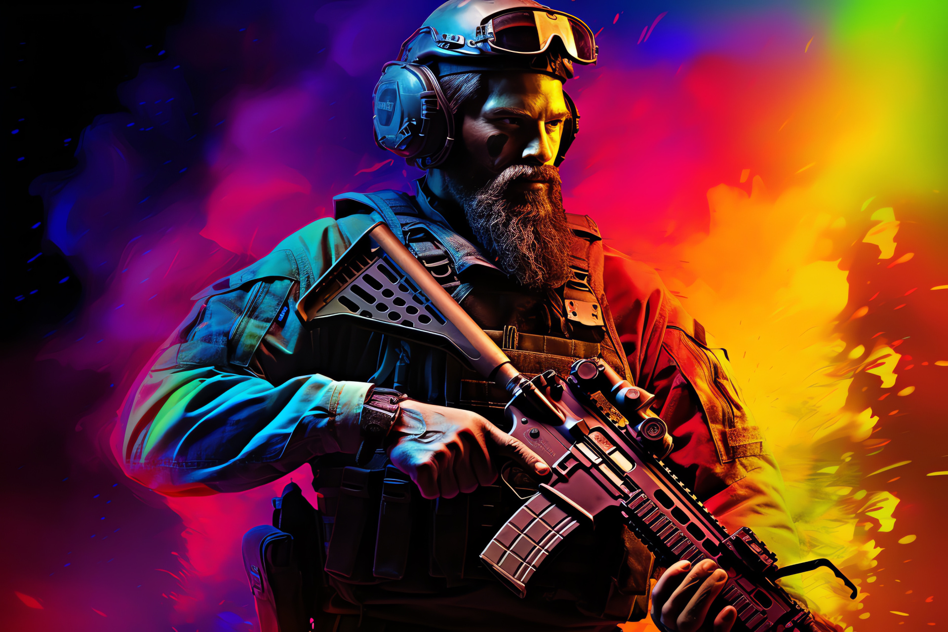 Captain Price portrayal, Commanding blue stare, Military leader, Carbine weapon, Luminous hues, HD Desktop Wallpaper