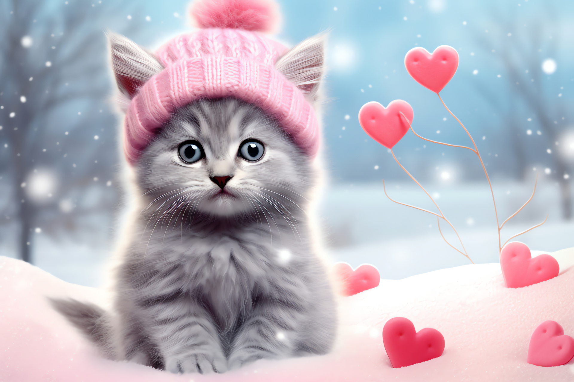 Valentine feline, Chill atmosphere, Crystal snowfall, Whisker art, Plush animal, HD Desktop Image