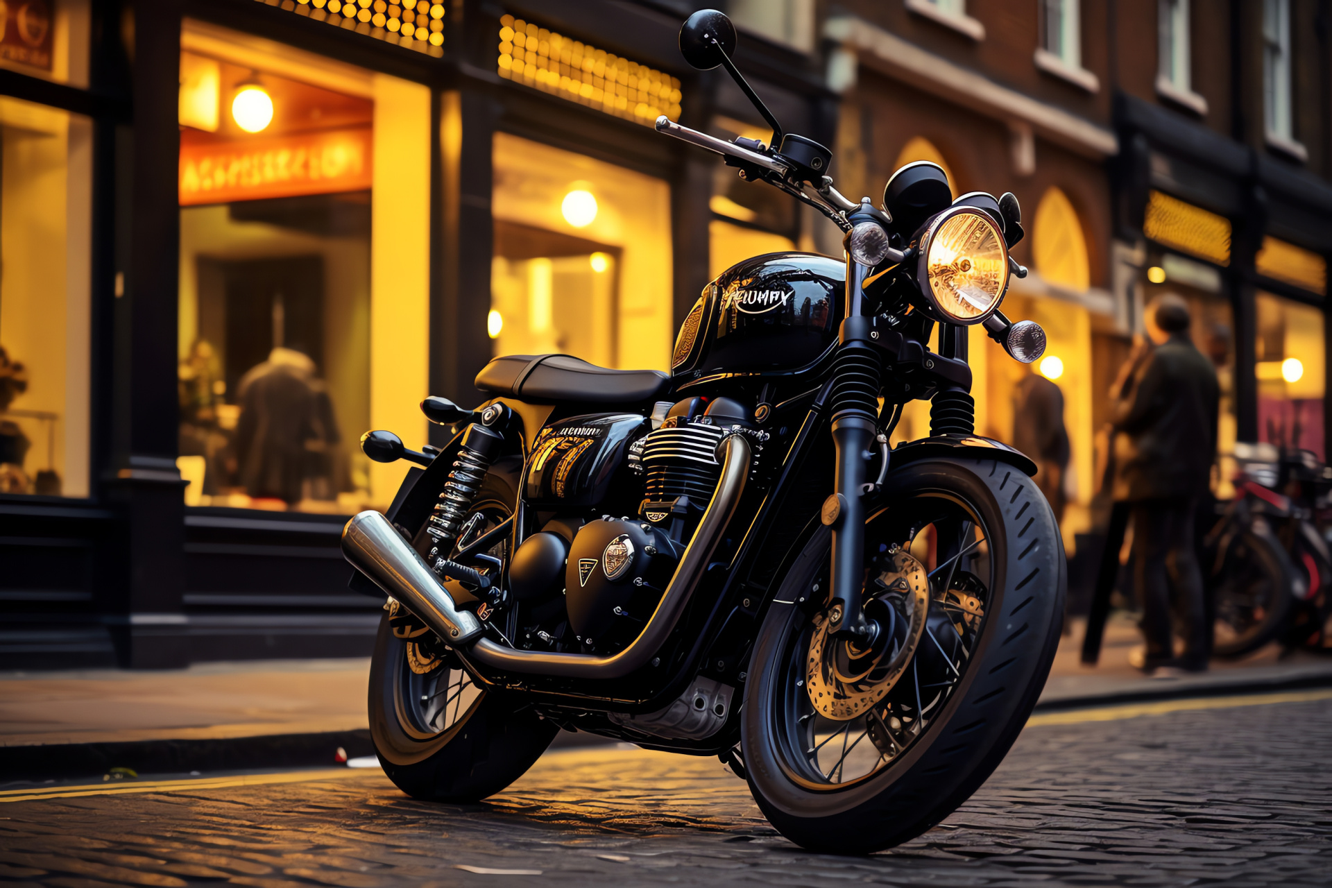 British Triumph Bonneville T120 Black, Urban London setting, Matte black finish, Classic motorcycle wheels, Cityscape backdrop, HD Desktop Wallpaper