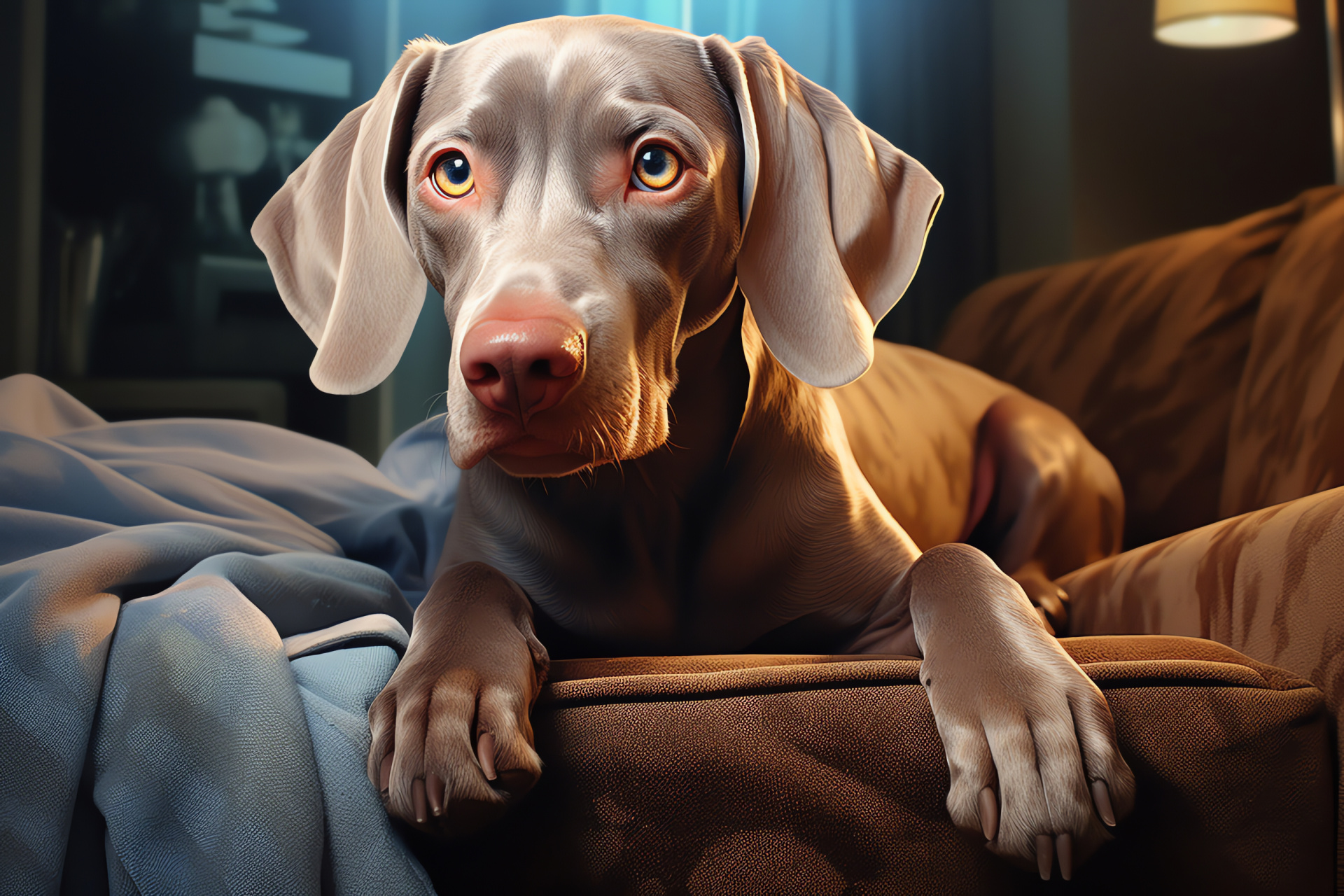 Weimaraner loyalty, Domestic animal friend, Dense short coat, Neutral tone ambiance, Reflective sheen, HD Desktop Image