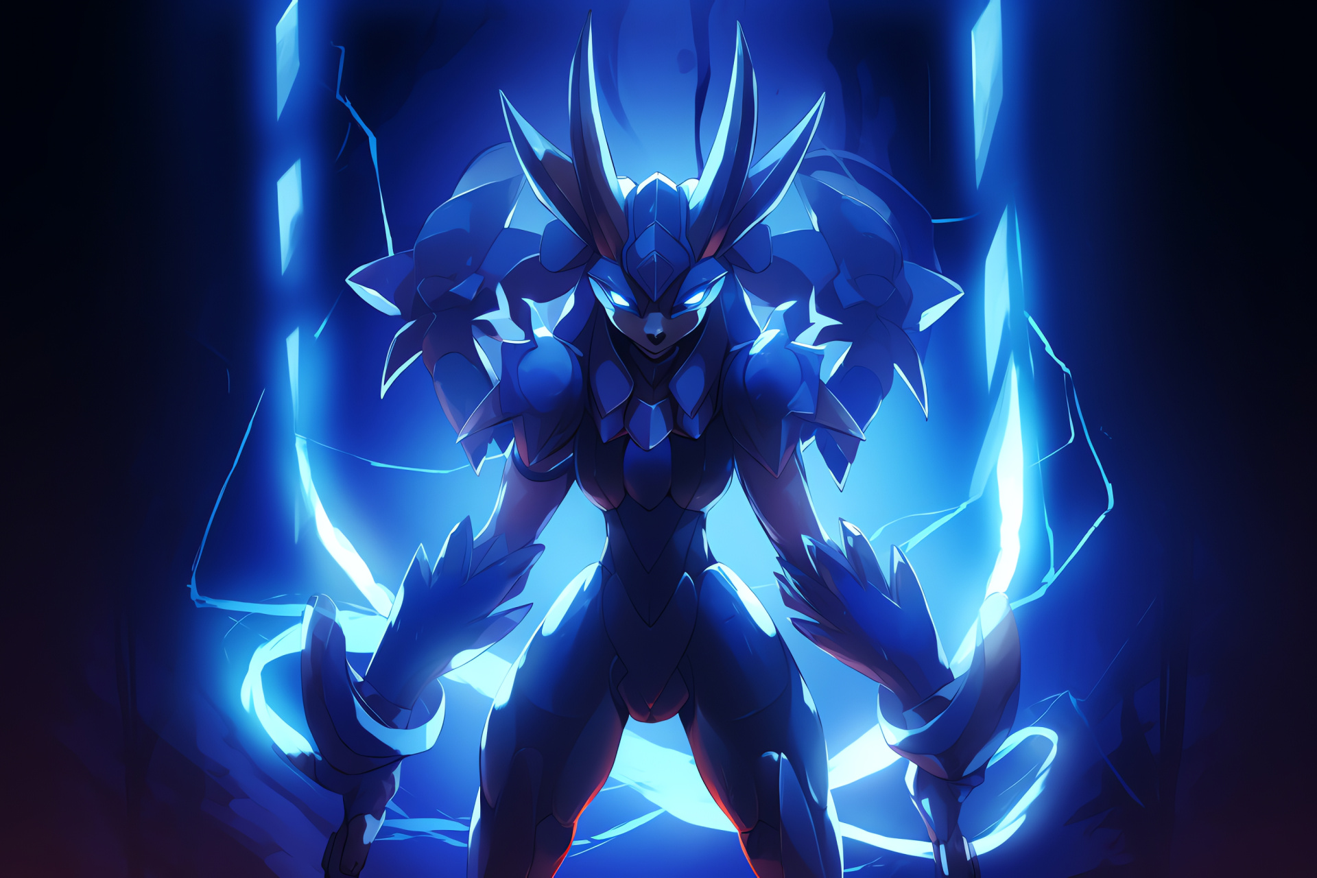 Lucario of Pokemon with combat abilities, Aura harnessing, Animated game entity, Steel effect, Energetic presence, HD Desktop Wallpaper