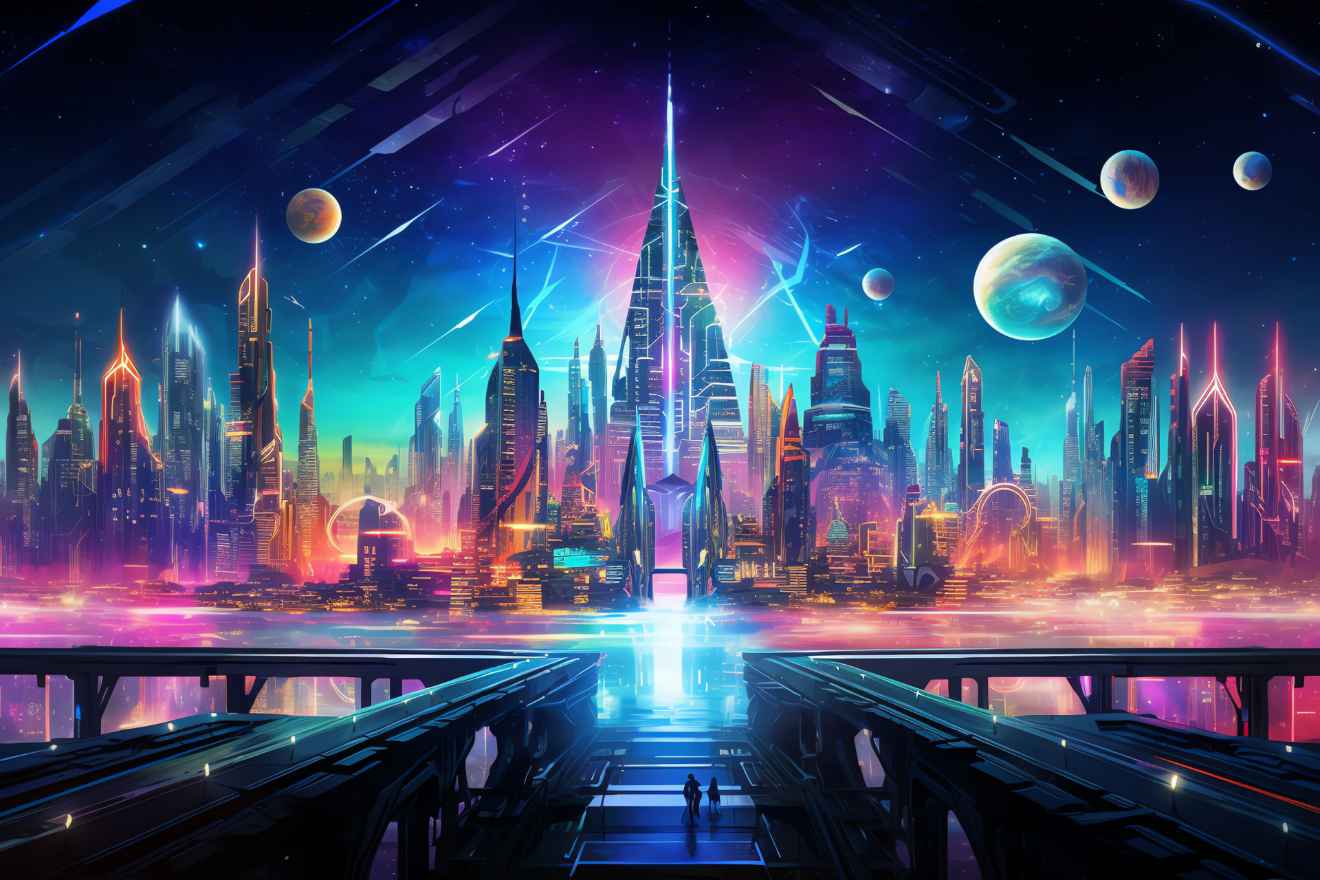 Interstellar metropolis, Urban spectacle, Neon illumination, Digital sculptures, Virtual reality city, HD Desktop Image