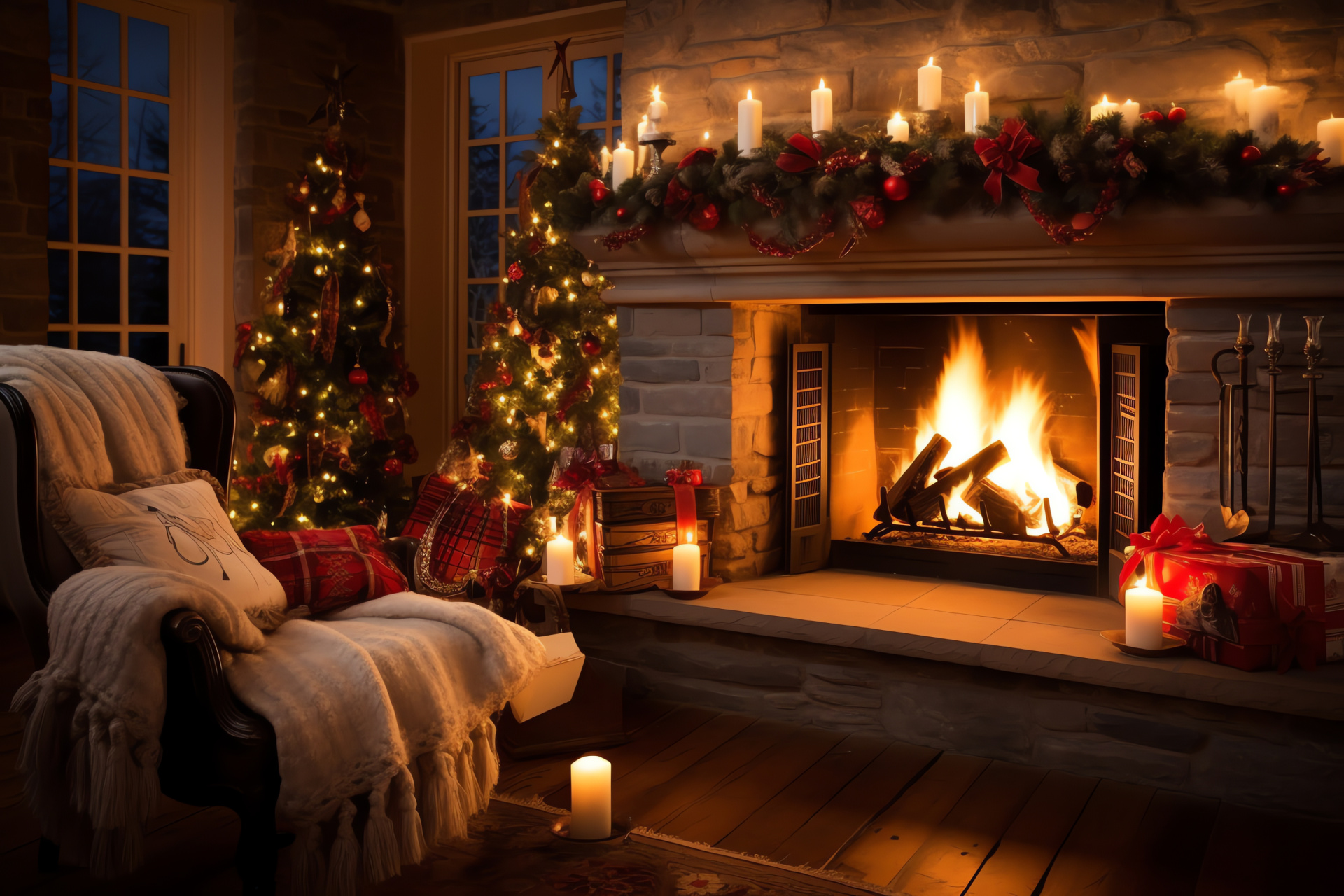 Seasonal wishes, Yule fireplace, Candlelight flicker, Festive hearth, Cozy ambiance, HD Desktop Wallpaper