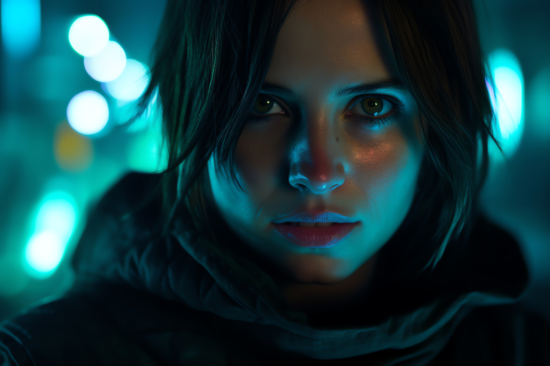 Jyn Erso in Jedha, Neon-lit Imperial occupation, Rogue One character gaze, Busy urban night scene, Galactic drama, HD Desktop Image