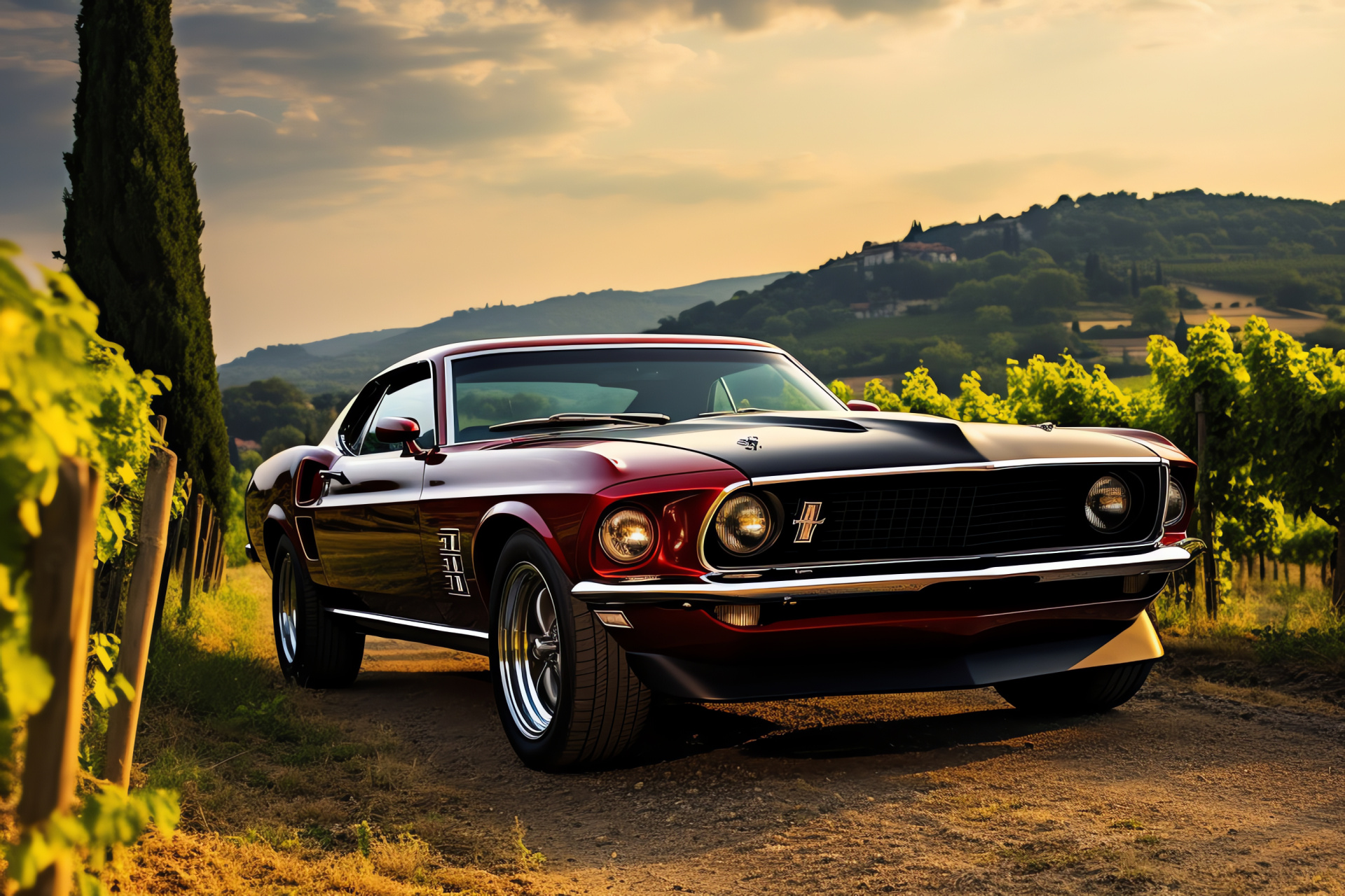 Ford Mustang Mach 1, Tuscan countryside, Classic American muscle, Vineyard landscape, Detailed vehicular design, HD Desktop Image