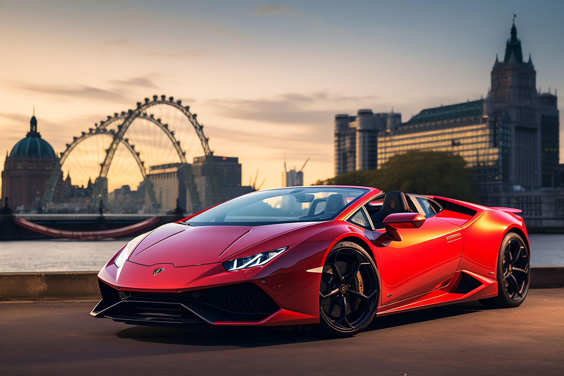 New Lamborghini, Huracan EVO RWD Spyder, Convertible performance model, London streets, British landmarks, HD Desktop Wallpaper