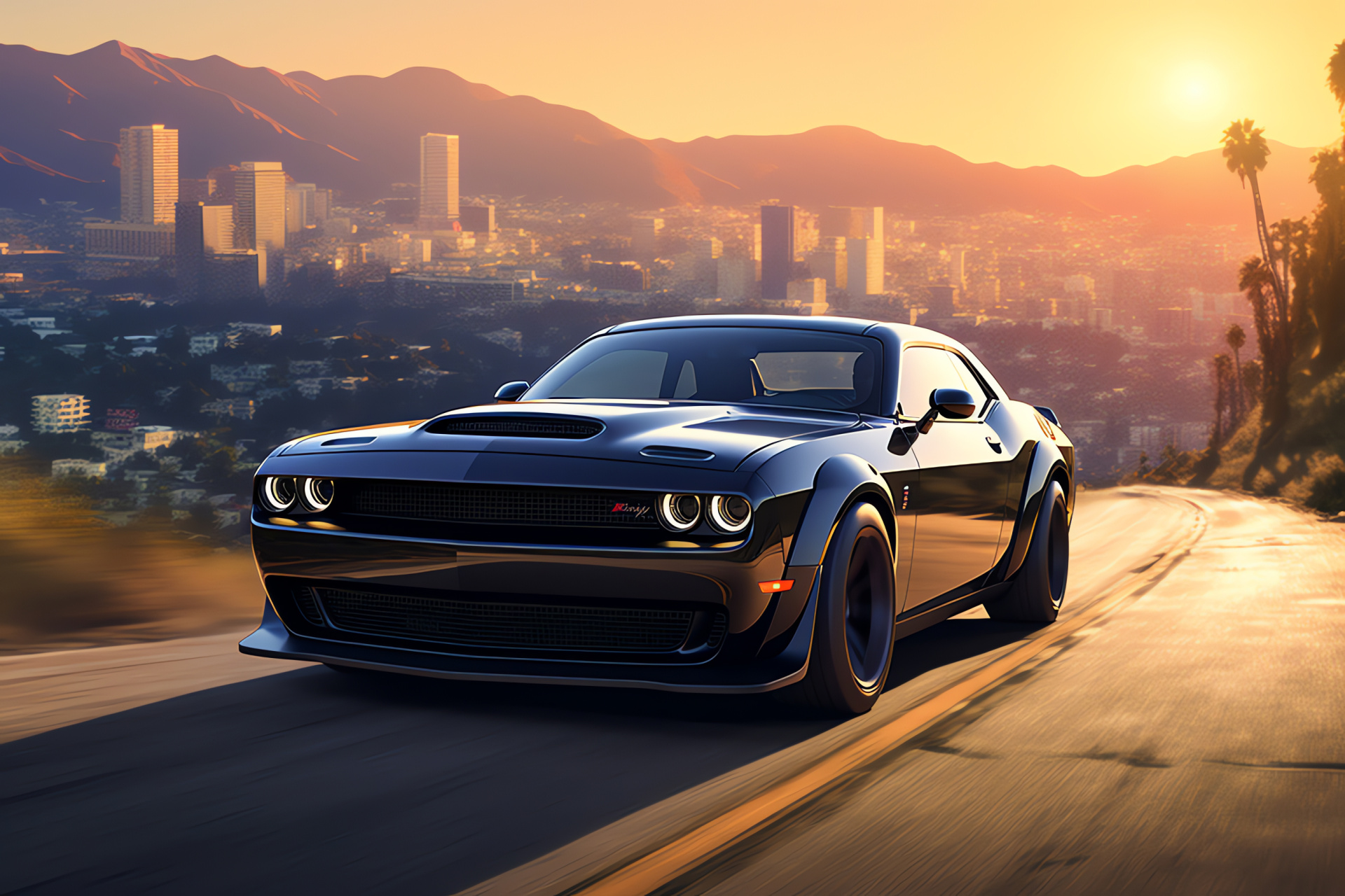 Dodge Challenger Demon showcase, Supercharge Hollywood scene, Renowned American model, Landmark backdrop setting, HD Desktop Image