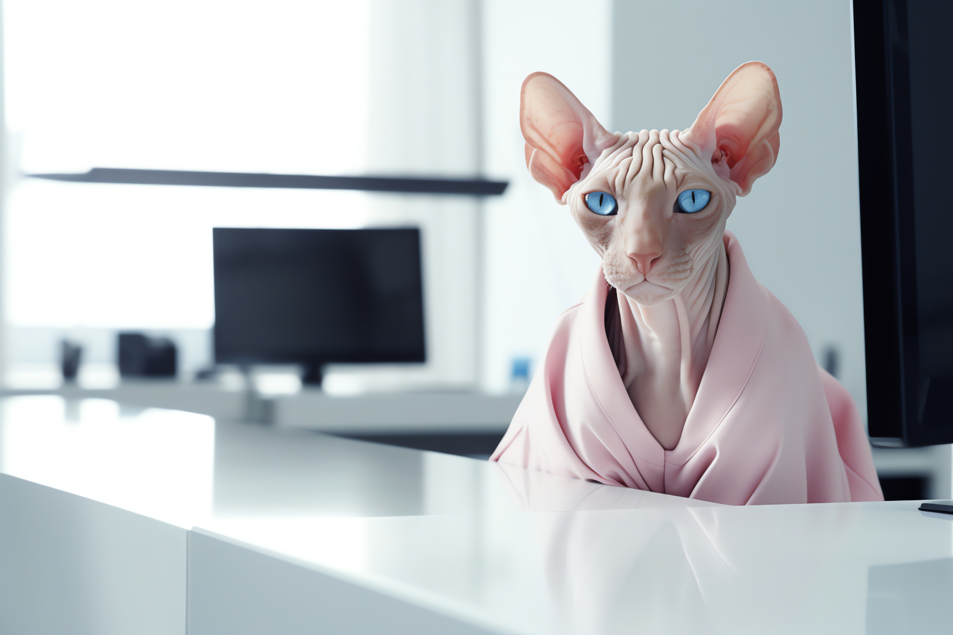 Bald feline assistant, Curious Sphynx gaze, Pale epidermis, Work from home companion, Digital workspace, HD Desktop Image