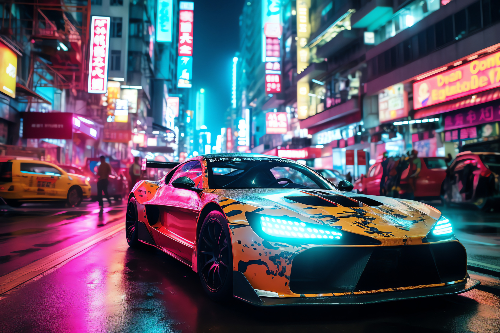 Neon embellished auto, Hong Kong vibrancy, broad cityscape shot, luminous skyscraper setting, street market culture, HD Desktop Image