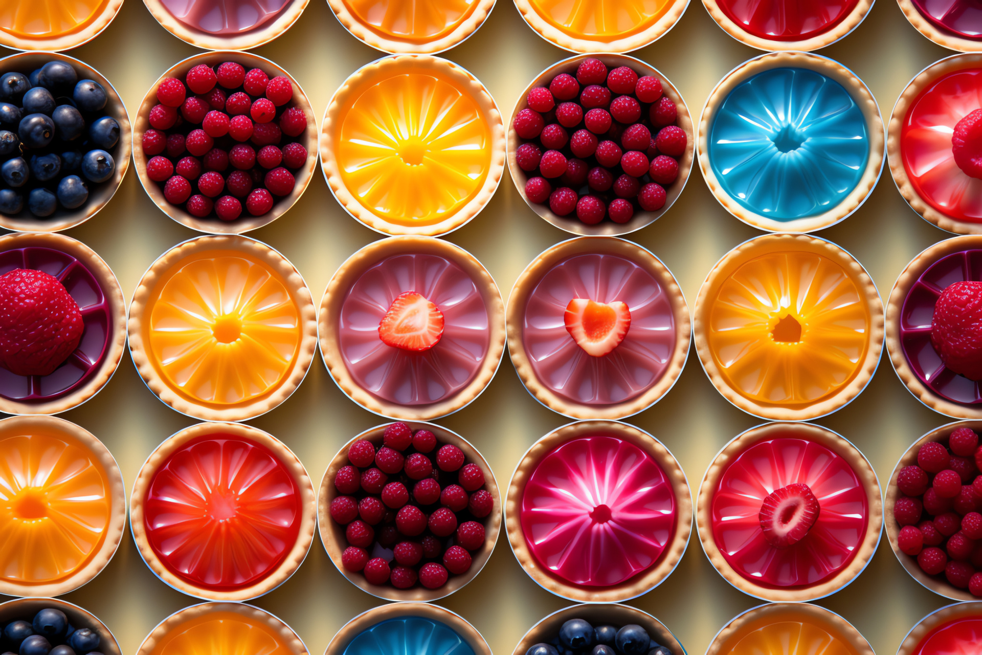 Artisan fruit tarts, Sliced strawberries, Fresh blueberries, Kiwi fruit accents, Glossy dessert finish, HD Desktop Wallpaper