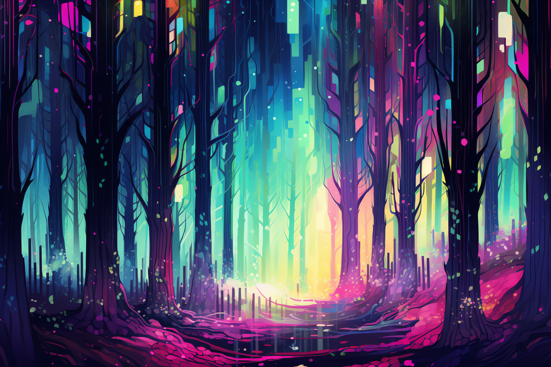 Alien forestry, Cyber trees, Interstellar flora, Neon canvass, Futuristic woodland, HD Desktop Image