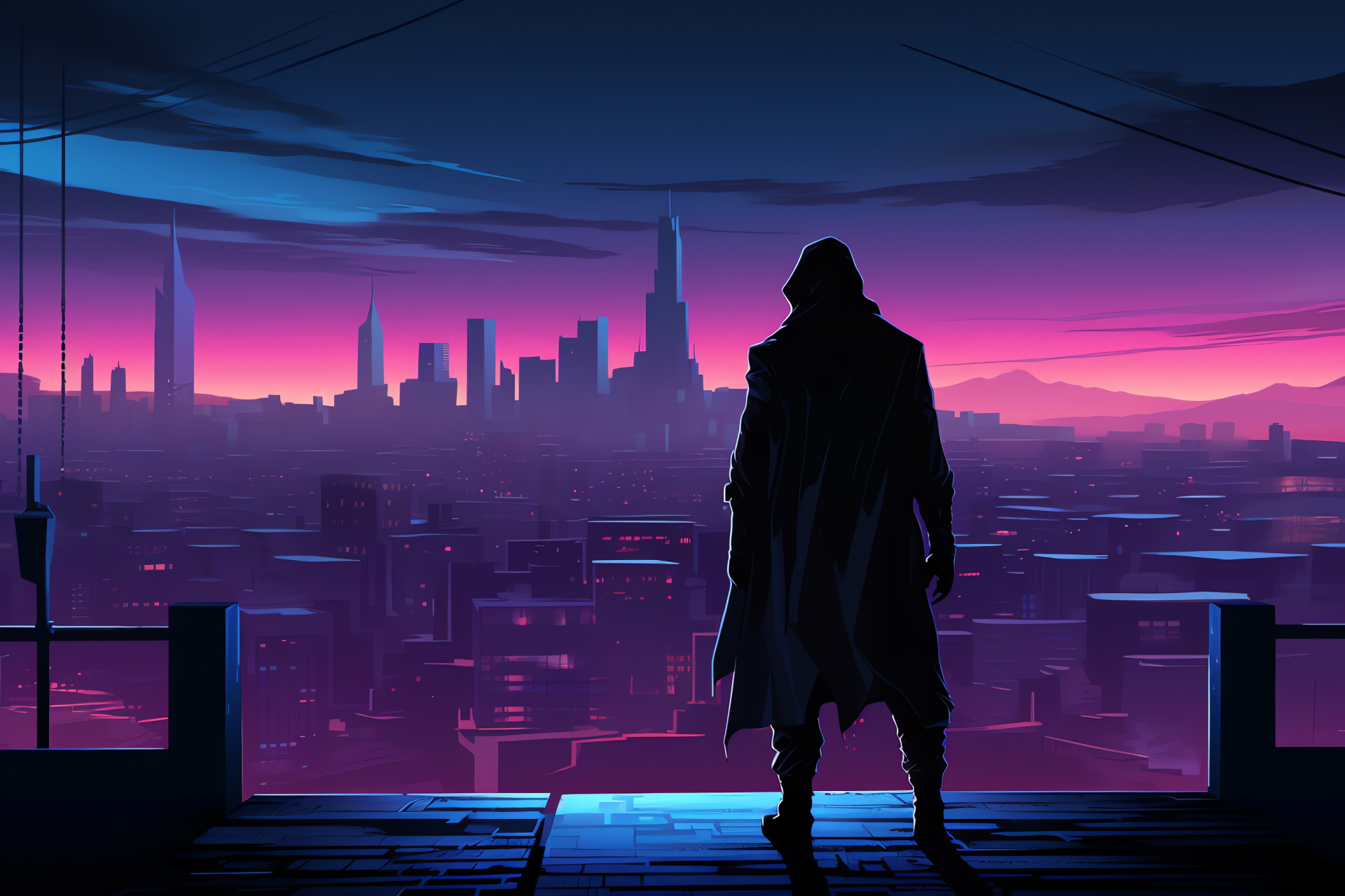 Advanced prototype gear, futuristic cityscape, enigmatic figure, raven shroud, high-rise advantage point, HD Desktop Wallpaper