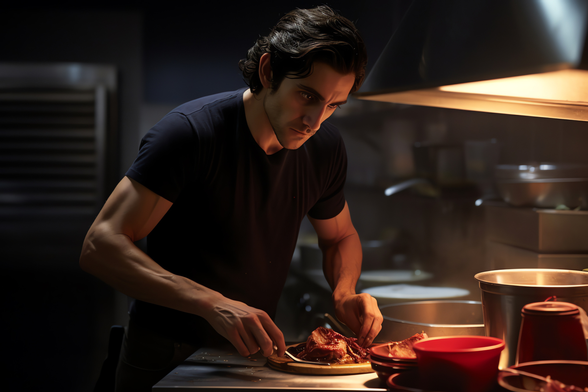 Nightcrawler action, Jake Gyllenhaal as Lou, L.A. crime journalism, Onscreen intensity, Culinary backdrop, HD Desktop Wallpaper