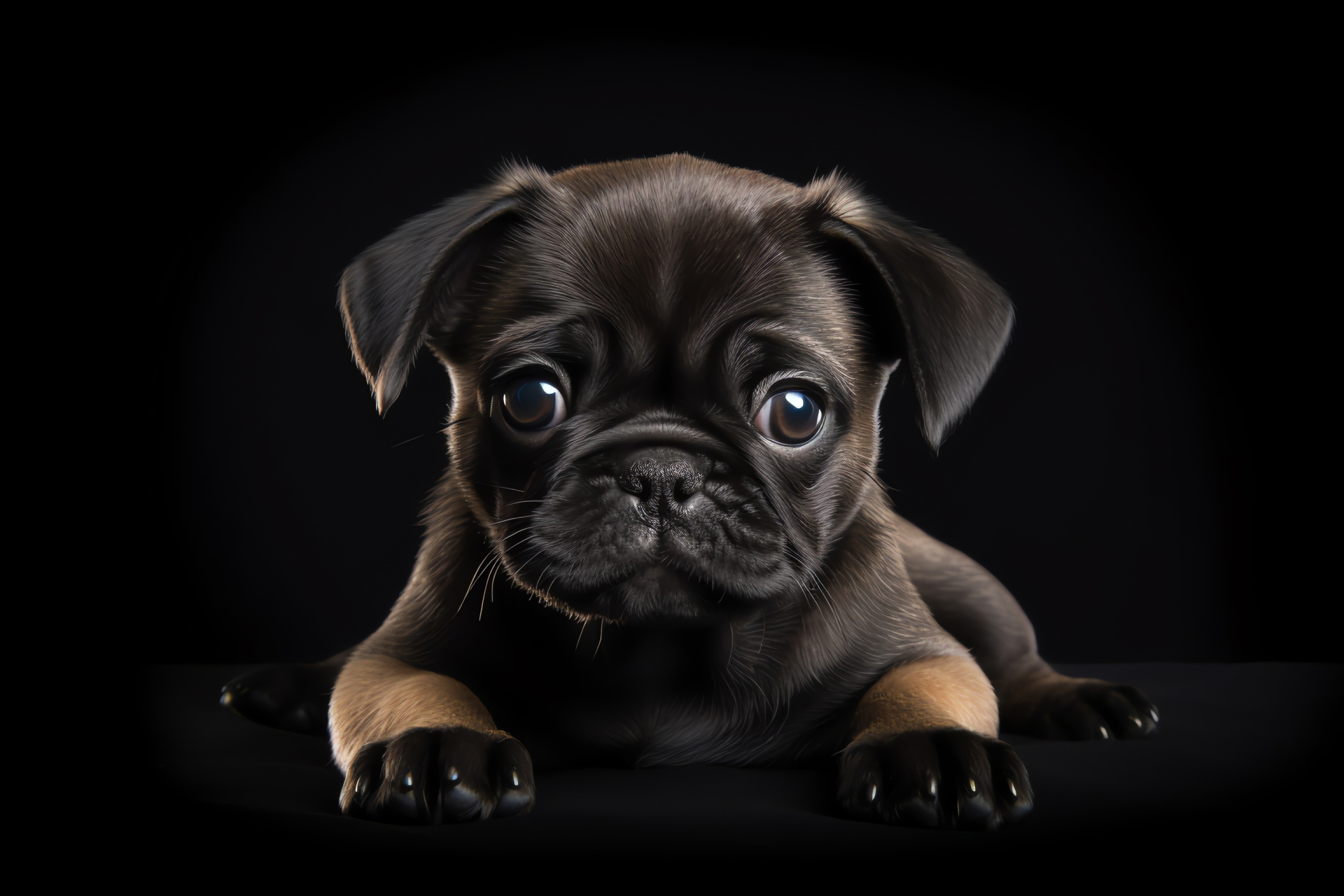 Pug breed, fawn fur, expressive puppy, playful canine, solid black background, HD Desktop Image