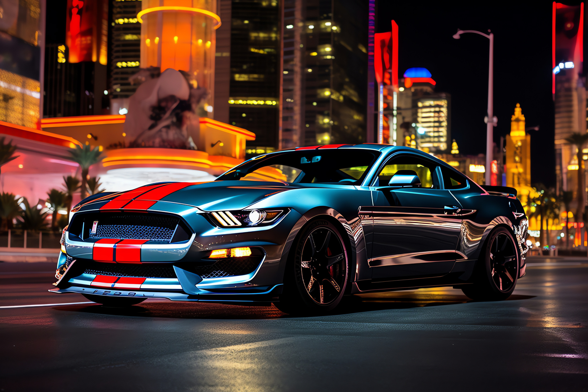 Shelby Mustang GT350R, Las Vegas Strip scene, muscle car design, performance spoilers, exotic sports car, HD Desktop Image