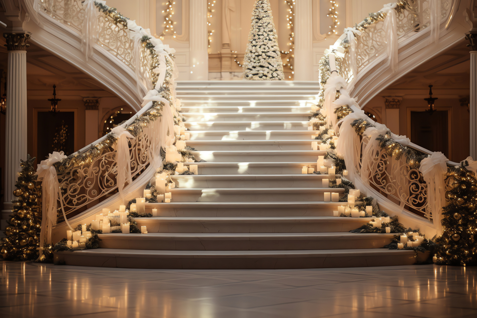 Majestic stairway with banisters wrapped in white Christmas lights, elegant cascade, refined holiday grandeur, HD Desktop Wallpaper