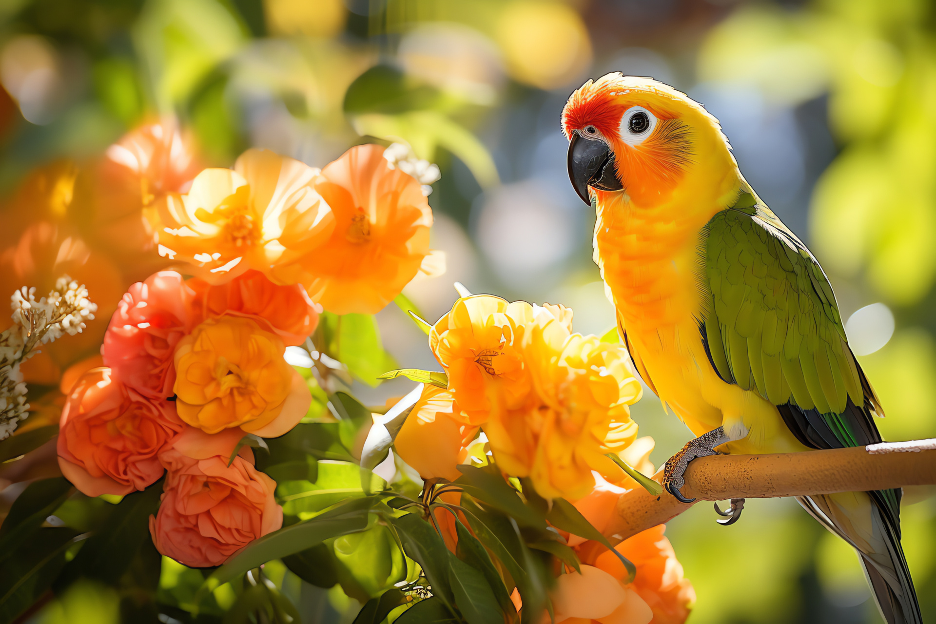 Sun Conure, Ornithological species, Orange and yellow bird, Green feather highlights, Naturalist's dream, HD Desktop Image