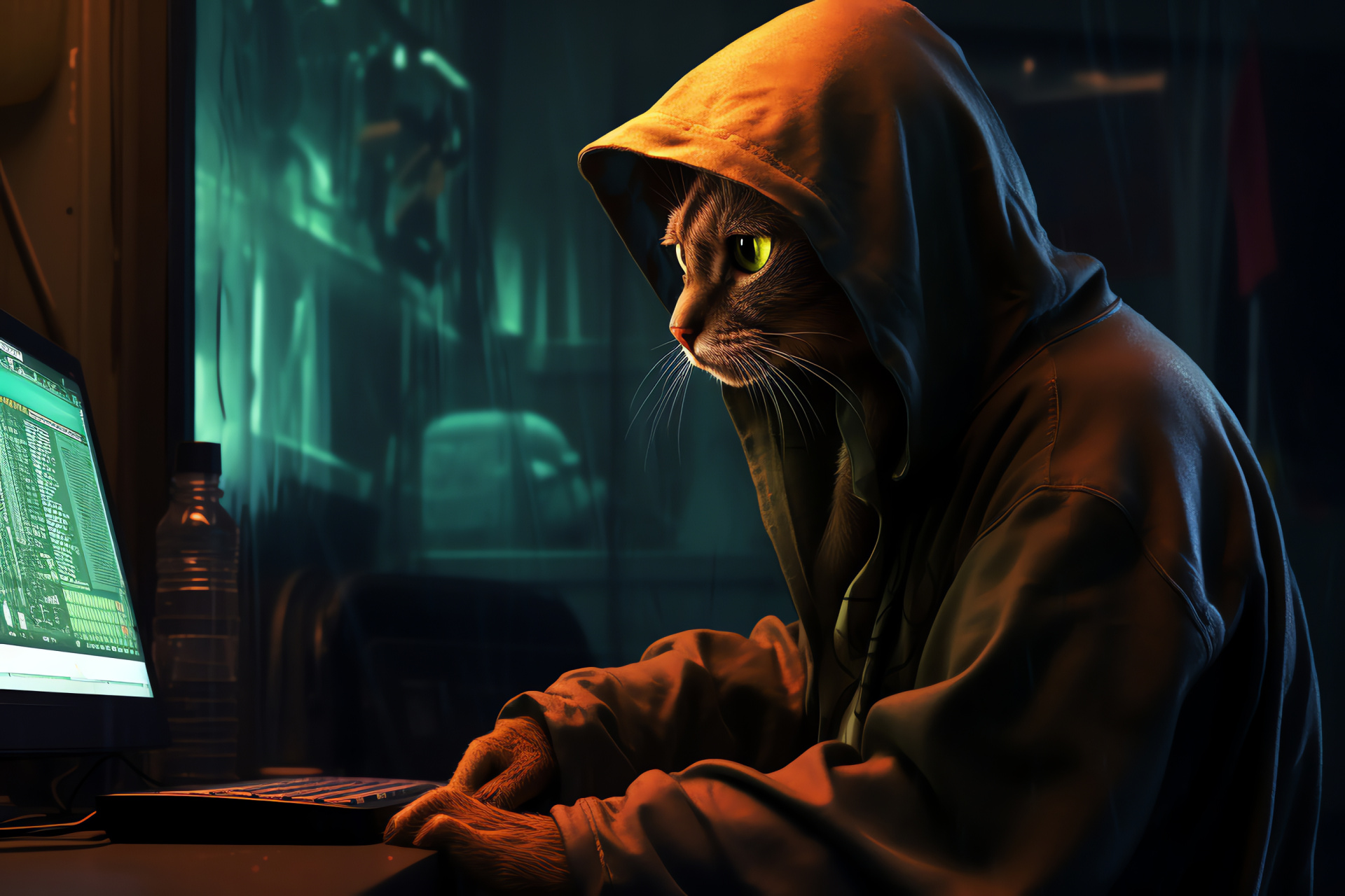 Abyssinian cat intelligence, warm brown furred pet, digital cyberpunk backdrop, high-tech computing environment, HD Desktop Wallpaper