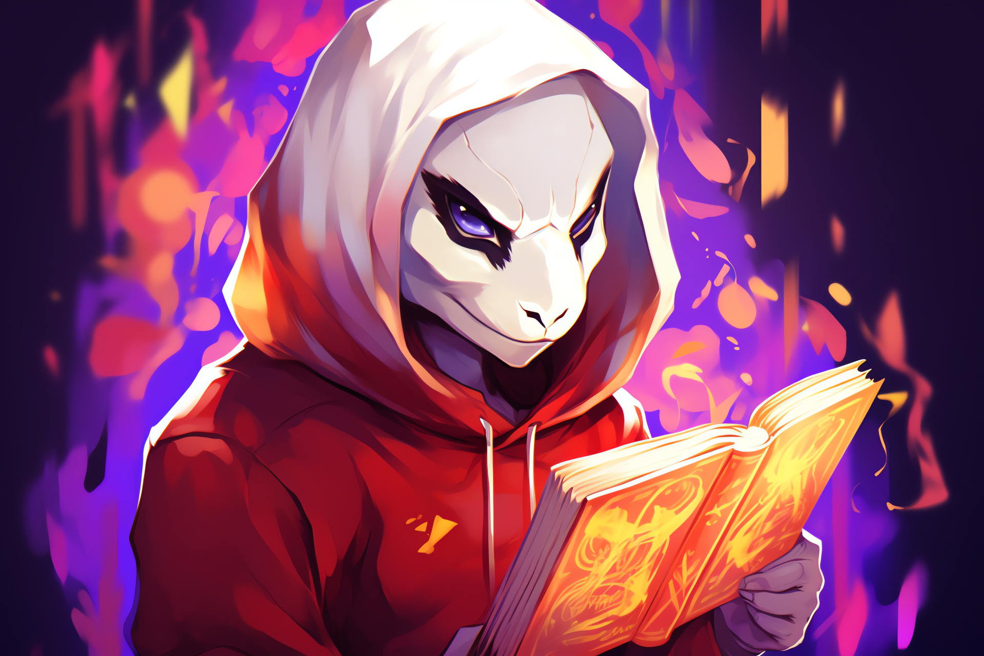 Final Boss Asriel, Role-playing gameplay, Purple irises, Knowledge tome, Solid crimson panel, HD Desktop Image