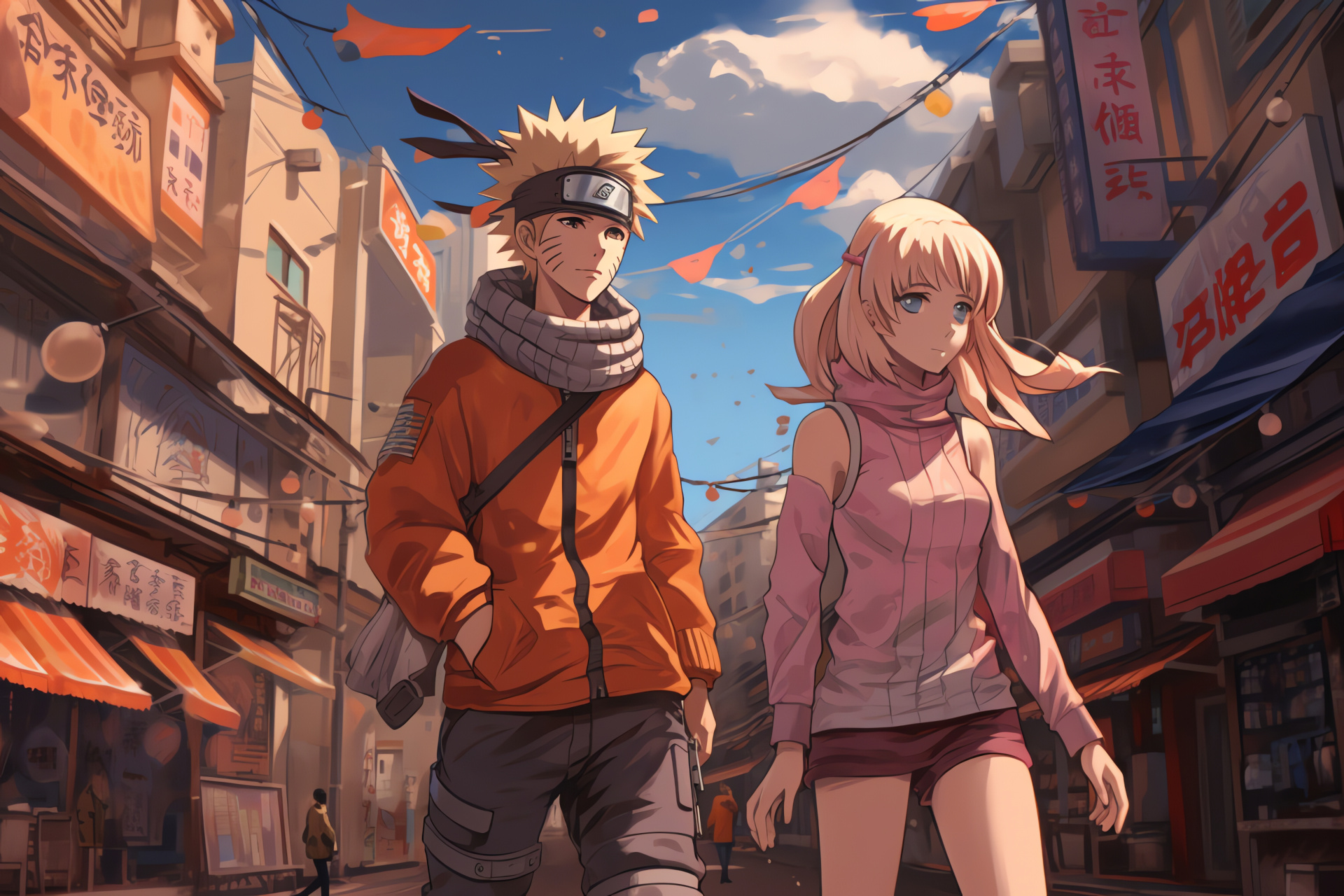 Naruto and Sakura in cityscape, Anime street visual, Towering structure artistry, Neon sign montage, Urban adventure setting, HD Desktop Image